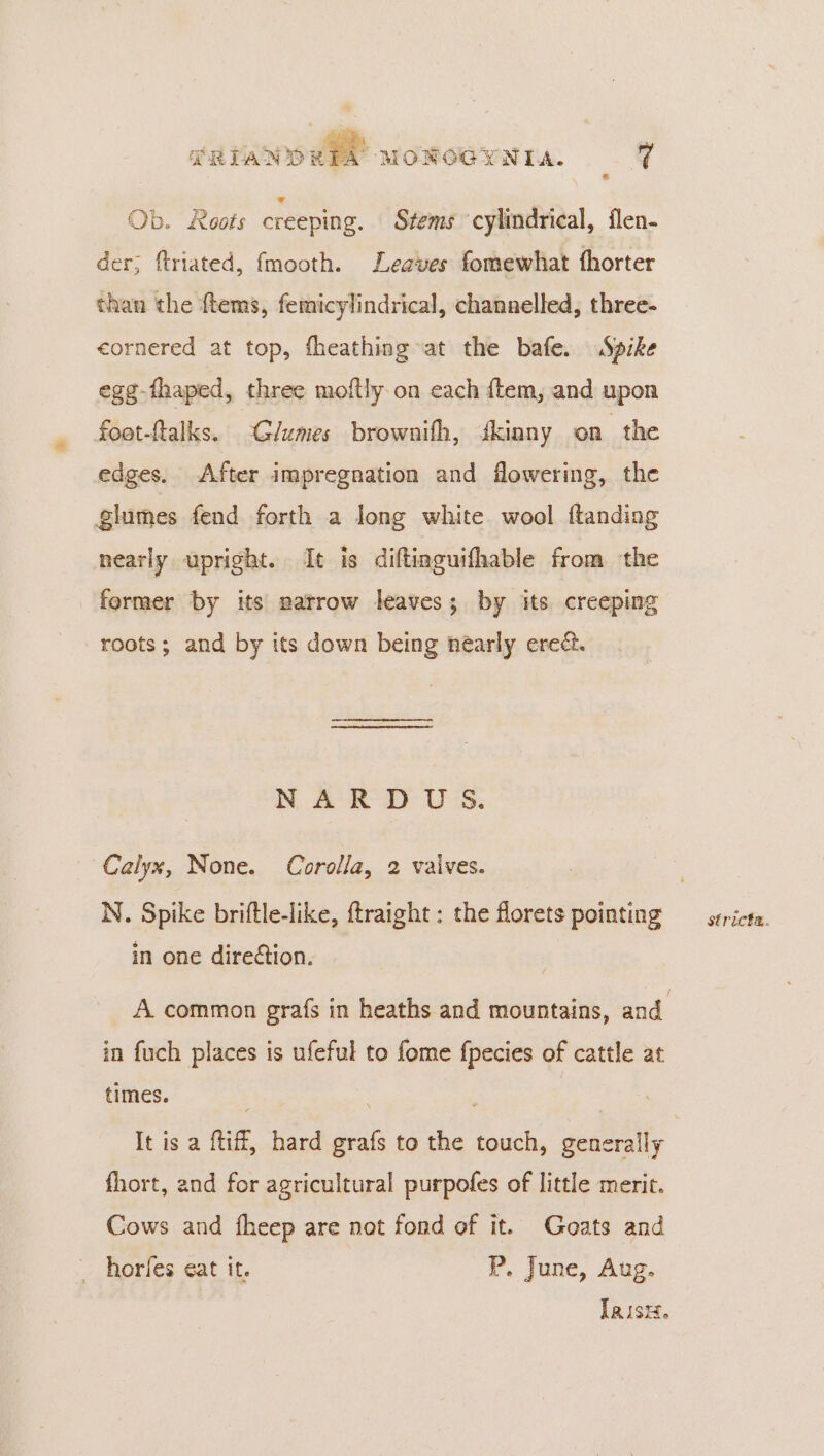 RAND ee MONOGYNIA. q Ob. Roots creeping. Stems cylindrical, flen- der, ftriated, fmooth. Leaves fomewhat fhorter than the ftems, femicylindrical, channelled, three- eornered at top, fheathing at the bafe. Spike egg-fhaped, three moftly on each ftem, and upon foot-ftalks. Glumes brownifh, ékinny on the edges. After impregnation and flowering, the glumes fend forth a long white. wool ftanding nearly upright. It is diftinguifhable from the former by its marrow leaves; by its creeping roots; and by its down being néarly erect. NARD US. Calyx, None. Corolla, 2 vaives. in one direction. in fuch places is ufeful to fome fpecies of cattle at times. fhort, and for agricultural purpofes of little merit. Cows and fheep are not fond of it. Goats and horfes eat it. P. June, Aug. stricta.