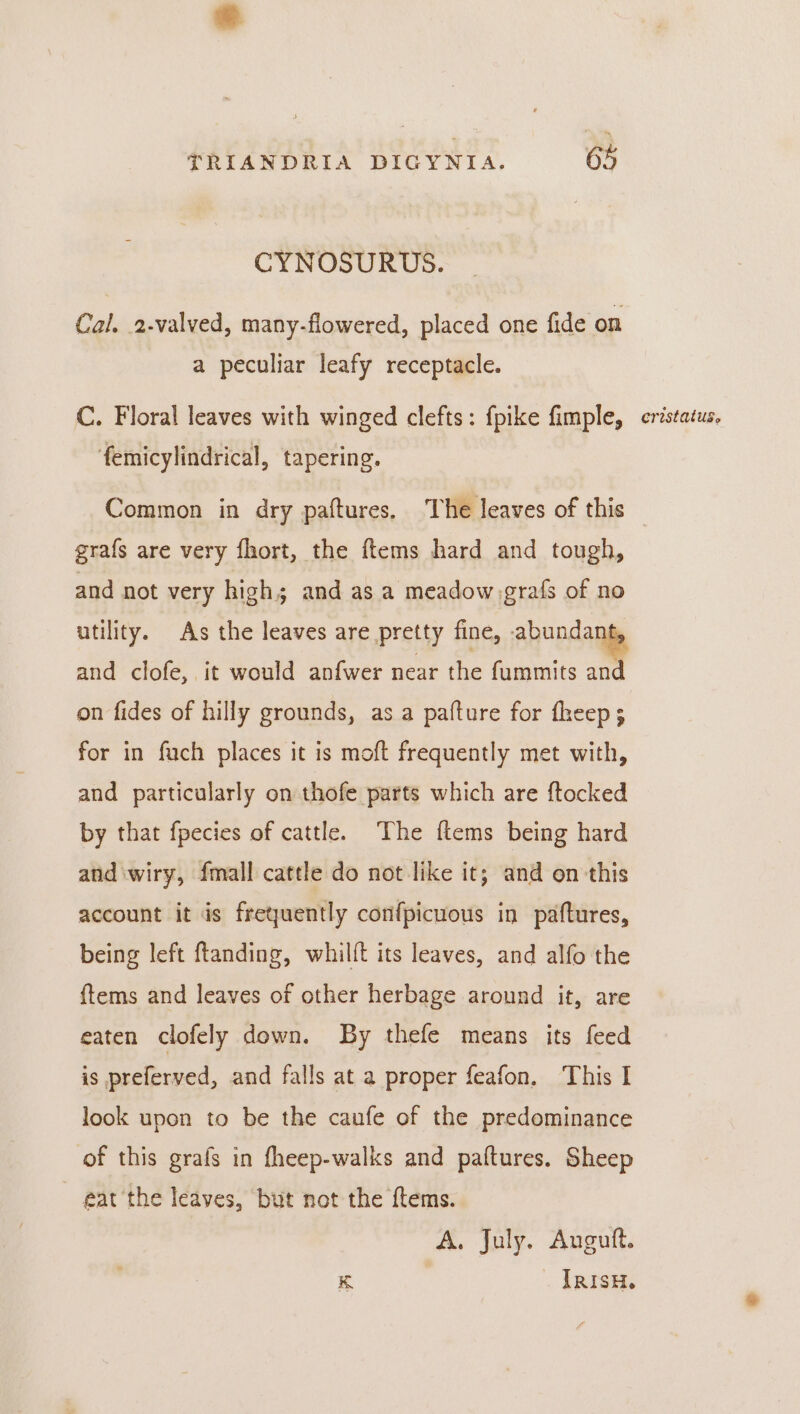 CYNOSURUS. Cal. 2-valved, many-flowered, placed one fide on a peculiar leafy receptacle. C. Floral leaves with winged clefts: fpike fimple, femicylindrical, tapering. Common in dry paftures, The leaves of this grafs are very fhort, the ftems hard and tough, and not very high; and asa meadow grafs of no utility. As the leaves are pretty fine, abundant, and clofe, it would anfwer near the fummits and on fides of hilly grounds, as a pafture for fheep; for in fuch places it is moft frequently met with, and particularly on thofe parts which are ftocked by that fpecies of cattle. The ftems being hard and wiry, {mall cattle do not like it; and on this account it is fretyuently confpicuous in paftures, being left ftanding, whilft its leaves, and alfo the {tems and leaves of other herbage around it, are eaten clofely down. By thefe means its feed is preferved, and falls at a proper feafon, This I look upon to be the caufe of the predominance of this grafs in fheep-walks and paftures. Sheep eat the leaves, but not the ftems. A. July. Auguft. K IRISH. cristatus.