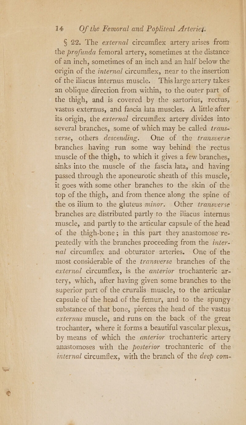 § 22. The external circumflex artery arises from the profunda femoral artery, sometimes at the distance of an inch, sometimes of an inch and an half below the origin of the internal circumflex, near to the insertion of the iliacus internus muscle. This large artery takes an oblique direction from within, to the outer part of the thigh, and is covered by the sartorius, rectus, | vastus externus, and fascia lata muscles. A little after its origin, the external circumflex artery divides into several branches, some of which may be called trans- verse, Others descending. One of the transverse branches having run some way behind the rectus muscle of the thigh, to which it gives a few branches, sinks into the muscle of the fascia lata, and having passed through the aponeurotic sheath of this muscle, it goes with some other branches to the skin of the top of the thigh, and from thence along the spine of the os ilium to the gluteus minor. Other transverse branches are distributed partly to the iliacus internus muscle, and partly to the articular capsule of the head of the thigh-bone; in this part they anastomose' re- peatedly with the branches proceeding from the inter- nal circumflex and obturator arteries. One of the most considerable of the transverse branches of the external circumflex, 1s the anterior trochanteric ar- tery, which, after having given some branches to the superior part of the cruralis. muscle, to the articular capsule of the head of the femur, and to the spungy substance of that bone, pierces the head of the vastus externus muscle, and runs on the back of the great trochanter, where it forms a beautiful vascular plexus, by means of which the anterior trochanteric artery anastomoses with the posterior trochanteric of the internal circumflex, with the branch of the deep com-