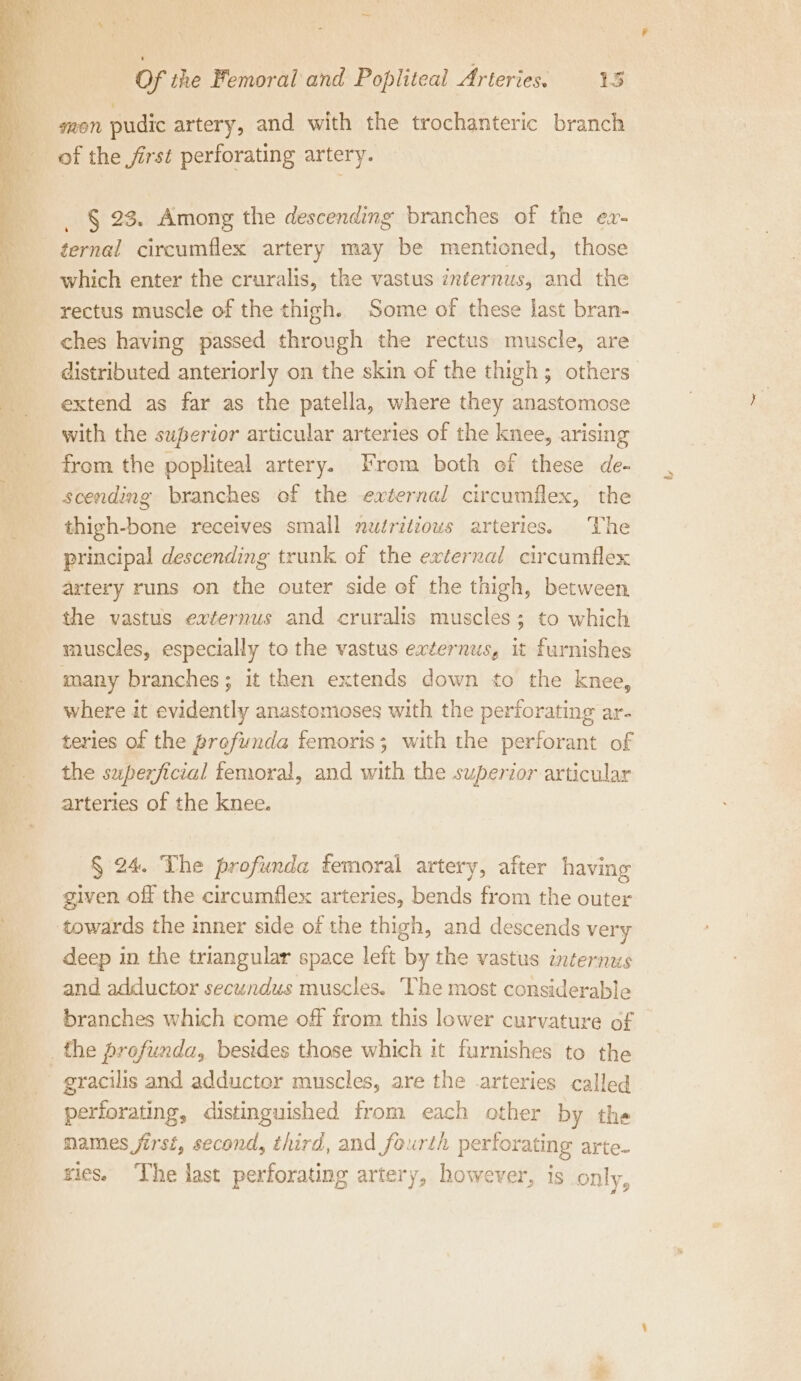 gon pudic artery, and with the trochanteric branch _ $ 23. Among the descending branches of the ex- ternal circumflex artery may be mentioned, those which enter the cruralis, the vastus internus, and the rectus muscle of the thigh. Some of these last bran- ches having passed through the rectus muscle, are distributed anteriorly on the skin of the thigh; others extend as far as the patella, where they anastomose with the superior articular arteries of the knee, arising from the popliteal artery. From both ef these de- scending branches of the external circumflex, the thigh-bone receives small nutritious arteries. The principal descending trunk of the external circumflex artery runs on the outer side of the thigh, between the vastus evternus and cruralis muscles; to which muscles, especially to the vastus externus, it furnishes many branches; it then extends down to the knee, where it evidently anastomoses with the perforating ar- teries of the profunda femoris; with the perforant of the superficial femoral, and with the superior articular arteries of the knee. § 24. The profunda temoral artery, after having given off the circumflex arteries, bends from the outer towards the inner side of the thigh, and descends very deep in the triangular space left by the vastus internus and adductor secundus muscles. The most considerable branches which come of from this lower curvature of the profunda, besides those which it furnishes to the gracilis and adductor muscles, are the -arteries called perforating, distinguished from each other by the names first, second, third, and fourth perforating arte- ties. ‘The last perforating artery, however, is only,
