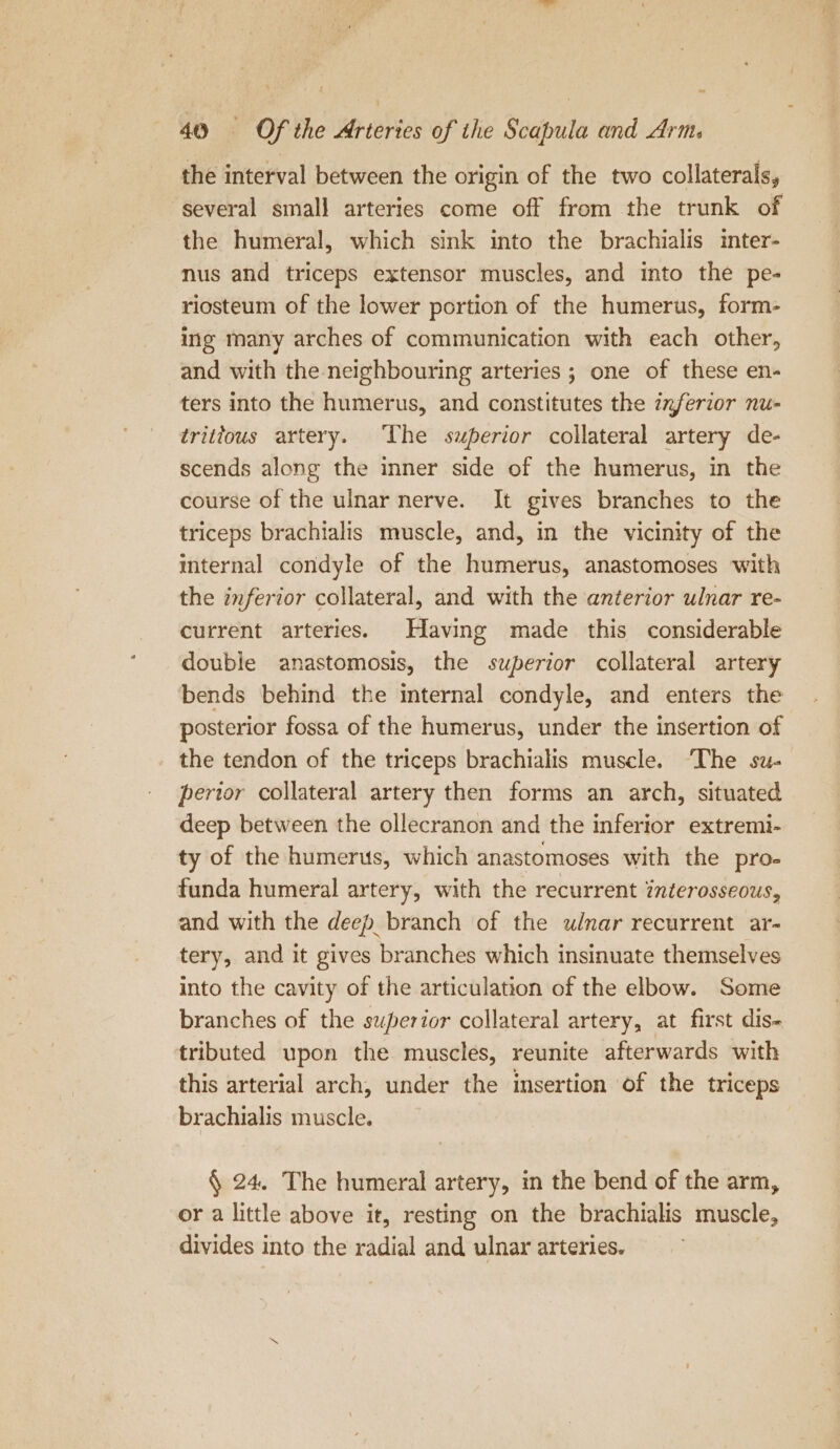 the interval between the origin of the two collaterals, several small arteries come off from the trunk of the humeral, which sink into the brachialis inter- nus and triceps extensor muscles, and into the pe- riosteum of the lower portion of the humerus, form- ing many arches of communication with each other, and with the-neighbouring arteries ; one of these en- ters into the humerus, and constitutes the inferior nu- trittous artery. The superior collateral artery de- scends along the inner side of the humerus, in the course of the ulnar nerve. It gives branches to the triceps brachialis muscle, and, in the vicinity of the mternal condyle of the humerus, anastomoses with the inferior collateral, and with the anterior ulnar re- current arteries. Having made this considerable double anastomosis, the superior collateral artery bends behind the internal condyle, and enters the posterior fossa of the humerus, under the insertion of the tendon of the triceps brachialis muscle. ‘The su- perior collateral artery then forms an arch, situated deep between the ollecranon and the inferior extremi- ty of the humerus, which anastomoses with the pro- funda humeral artery, with the recurrent interosseous, and with the deep branch of the ulnar recurrent ar- tery, and it gives branches which insinuate themselves into the cavity of the articulation of the elbow. Some branches of the superior collateral artery, at first dis- tributed upon the. muscles, reunite afterwards with this arterial arch, under the insertion of the triceps brachialis muscle. § 24. The humeral artery, in the bend of the arm, or a little above it, resting on the brachialis muscle, divides into the radial and ulnar arteries.