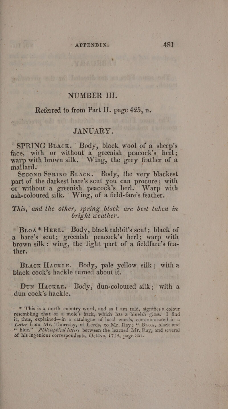 NUMBER III. Referred to from Part IT. page 425, n. JANUARY. ‘ SPRING Buack. Body, black wool of a sheep’s face, with or without a_ greenish peacock’s herl; warp with brown silk. Wing, the grey feather of a mallard. Seconp Spring Buackx. Body, the very blackest part of the darkest hare’s scut you can procure; with or without a greenish peacock’s herl. Warp with ash-coloured silk. Wing, of a field-fare’s feather. This, and the other, spring black are best taken in 3 bright weather. * Broa* Heru. Body, black rabbit’s scut; black of a hare’s scut; greenish peacock’s herl; warp with brown silk: wing, the light part of a fieldfare’s fea- ther. Brack Hacxuit. Body, pale yellow silk; witha black cock’s hackle turned about it. Dun Hacknr. Body, dun-coloured silk; with a dun cock’s hackle. - * This is a north country word, and as I am told, signifies a colour resembling that of a mole’s back, which has a blueish gloss. I find it, thus, explained—in a catalogue of local words, communicated in a Letter from Mr. Thoresby, of Leeds, to Mr. Ray: “ Broa, black and “ blue.” Philosophical letters between the learned Mr. Ray, and several of his ingenious correspondents, Octavo, 1718, page 321,