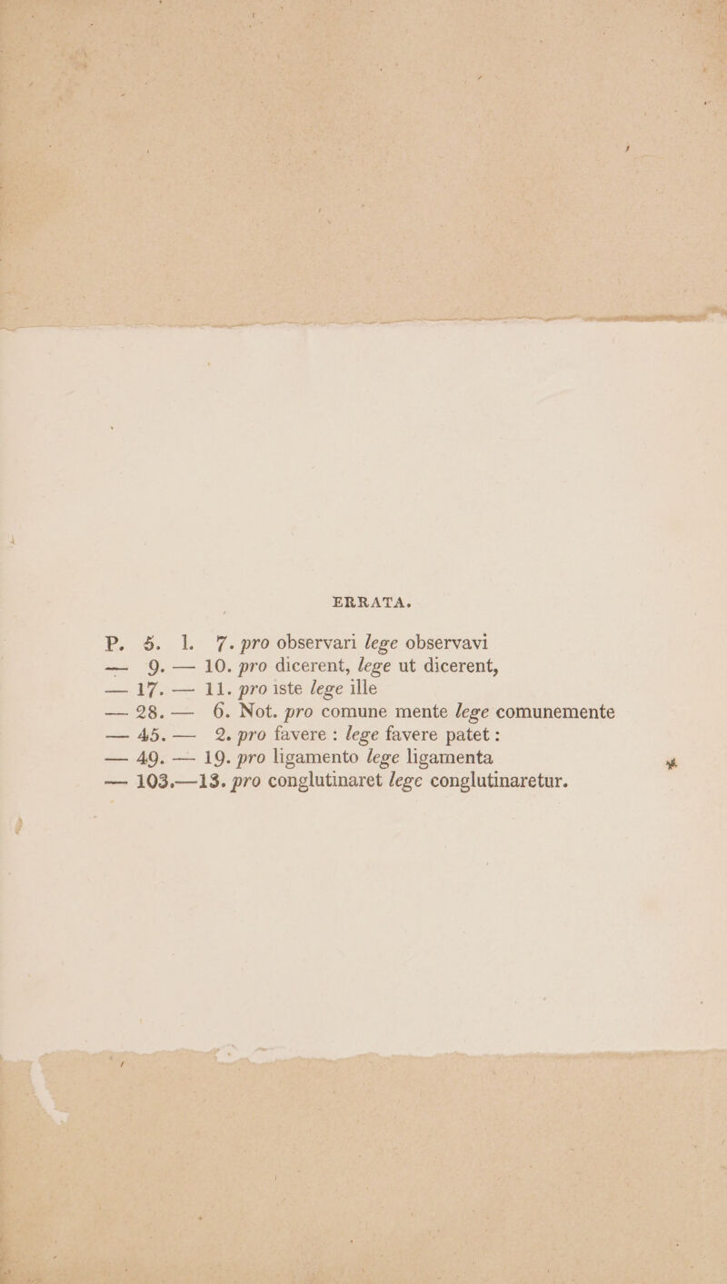 ERRATA. 5. l. 7.gpro observari lege observavi — 9. — 10. pro dicerent, lege ut dicerent, — 417. — 11. pro iste lege ille — 28. — 6. Not. pro comune mente /ege comunemente — 45. — 9. pro favere : lege favere patet : — A9. — 19. pro ligamento lege lipamenta — 103,—13. pro conglutinaret legc conglutinaretur.