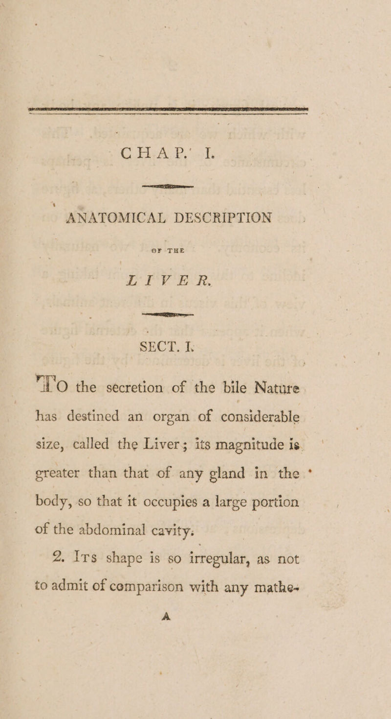 CfA Pd ANATOMICAL DESCRIPTION LPVE R. SECT. ik has destined an organ of considerable body, so that it occupies a large portion of the abdominal cavity: 2. Irs shape is so irregular, as not to admit of comparison with any mathe- A >