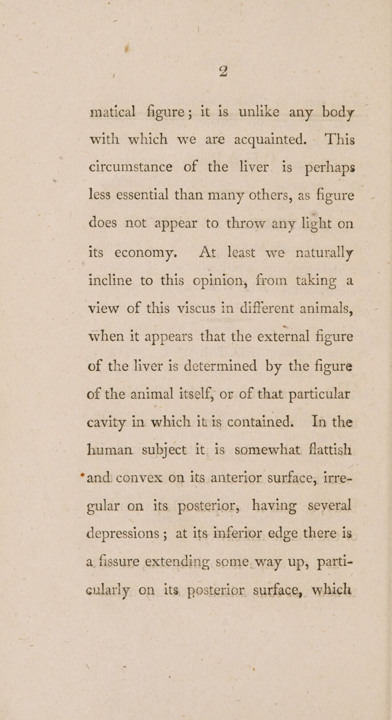 matical figure; it is unlike any body with which we are acquainted. This circumstance of the liver is perhaps less essential than many others, as figure does not appear to throw any light on Its economy. At least we naturally incline to this opinion, from taking a view of this viscus in different animals, when it appears that the external figure of the liver is determined by the figure of the animal itself, or of that particular cavity in which it is contained. In the human. subject it is somewhat. fattish *and: convex on its anterior surface,, irre- gular on its posterior, having several depressions; at its inferior edge there is a. fissure extending some.way up, parti- cularly on its posterior surface, which
