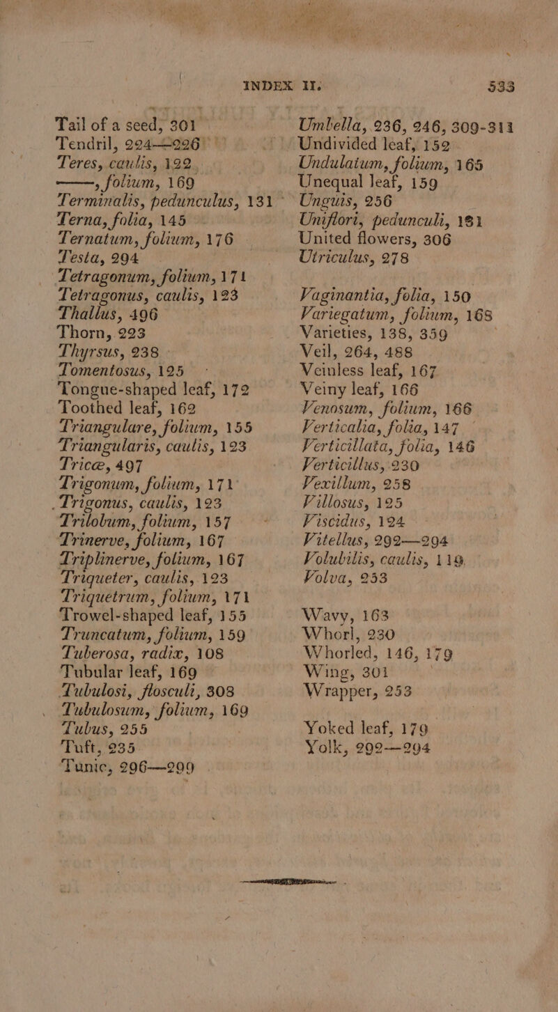 Tail of a seed, 301 Tendril, 224-996 | Teres, caulis, 192. ——, folium, 169 Terna, folia, 145 Ternatum, folium, 176 Testa, 294 Tetragonum, folium, 171 Tetragonus, caulis, 123 Thallus, 496 Thorn, 223 Thyrsus, 238 » Tomentosus, 125 ‘Tongue-shaped leaf, 172 Toothed leaf, 162 Triangulare, folium, 155 Triangularis, cautis, 123 Trice, 497 Trigonum, folium, 171 . Trigonus, caulis, 123 Trilobum, folium, 157 Trinerve, folium, 167 Triplinerve, folium, 167 Triqueter, caulis, 123 Triquetrum, folium, 171 Trowel-shaped leaf, 155 Truncatum, folium, 159 Tuberosa, radix, 108 Tubular leaf, 169 Tubulosi, flosculi, 308 Tubulosum, folium, 169 Lubus, 255 Tuft, 235 Tunic, 296—299 Undivided leaf, 152 Undulaium, folium, 165 Unequal leaf, 159 Unguis, 256 | Unifiori, pedunculi, 181 United flowers, 306 Utriculus, 278 Vaginantia, folia, 150 Variegatum, folium, 168 Varieties, 138, 359 | Veil, 264, 488 Veinless leaf, 167 Veiny leaf, 166 Venosum, folium, 166 Ferticalia, folta, 147 Verticillata, folia, 146 Ferticillus, 230 Pexillum, 258 Villosus, 125 Viscidus, 124 Vitellus, 29692-—~294 Volubilis, caulis, 11%, Volva, 253 Wavy, 163 Whorl, 230 Wohorled, 146, 179 Wing, 301 Wrapper, 253 Yoked leaf, 179. Yolk, 292-2094