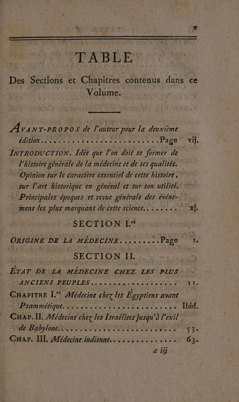 TABLE Des Sections et Chapitres contenus dans ce Volume. A van T-PROPOS de l'auteur pour la deuxième édition . sosrrrerseriseteresrsse. «Page viÿ, INTRODUCTION. Idée que l'on doit se former de l'histoire générale de la médecine et de ses qualités. Opinion sur le caractère éssentiel de cette histoire, sur l’art historique en général et sur son utilité. Principales ‘époques ‘et revue générale des événe-. fnens les plus marquans de cette science... : | xf. SECTION 1 ke ORIGINE DE LA MÉDECINE. se... Page CES, SECTION IL. D aQ 2 DE LA MÉDECINE CHEZ LES PLUS ANCIENS. PEUPLES . Lin 2e D'OR UDNS PTAIE E CHAPITRE I. Médecine de les Evyptiens ayant + DS LTENLÉTE QUE SAN pre ar esta 0 SAS De 8 à ne ve 210 LOIS ave IT. Médecine chez des Tsraélites j ie al exil”, de Babylone... D a da a de a AE ga. Ge IT, Médecine RENE LME RARE A EN LE CN a ii}