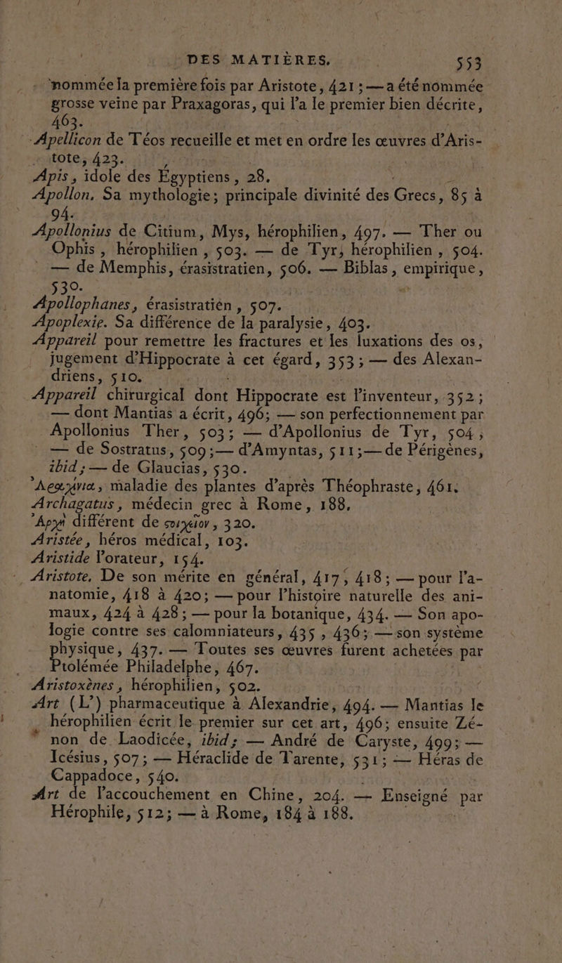 - mommée Ja première fois par Aristote, 421 ; — a éténommée grosse veine par Praxagoras, qui la le premier bien décrite, 463. PAR ; | -Apellicon de Téos recueille et met en ordre les œuvres d’Aris- - rtote, 423. DATI Apis , idole des Égyptiens, 28. | : Apollon, Sa mythologie; principale divinité des Grecs, 85 à 94. : Apollonius de Citium, Mys, hérophilien, 407. — Ther ou Ophis , hérophilien , $03. — de Tyr; hérophilien, $04. . — de Memphis, érasistratien, 506. — Biblas, empirique, 530. Le. “à Apollophanes, érasistratién | 507. Apoplexie. Sa différence de la paralysie, 403. Appareil pour remettre les fractures et les luxations des os, jugement d’'Hippocrate à cet égard, 353 ; — des Alexan- driens, 510. Appareil chirurgical dont Hippocrate est l'inventeur, 352; — dont Mantias à écrit, 496; — son perfectionnement par Apollonius Ther, 503; — d’Apollonius de Tyr, 504 ; _ — de Sostratus, $09;— d’Amyntas, $11;—de Périgènes, ibid ; — de Glaucias, 530. : Aeœyiiæ, maladie des plantes d’après Théophraste, 461: Archagatus, médecin grec à Rome, 188, Apon différent de siycior, 320. Aristée, héros médical, 103. Aristide lorateur, 154. * Aristote, De son mérite en général, 417, 418; — pour l’a- natomie, 418 à 420; — pour l’histoire naturelle des ani- maux, 424 à 428 ; — pour la botanique, 434. — Son apo- logie contre ses calomniateurs, 435 , 436; —son système phyique 437. — Toutes ses œuvres furent achetées par tolémée Philadelphe, 467. | Aristoxènes , hérophilien, $o2. RUArE Art (L’) pharmaceutique à Alexandrie, 494. — Mantias Je hérophilien écrit le premier sur cet art, 496; ensuite Zé- non de Laodicée, ibid; — André de Caryste, 499; — Icésius, $07; — Héraclide de T'arente, 531; — Héras de Cappadoce, 540. | | Art de Faccouchement en Chine, 204. — Enseigné par Hérophile, 512; — à Rome, 184 à 188. | LL
