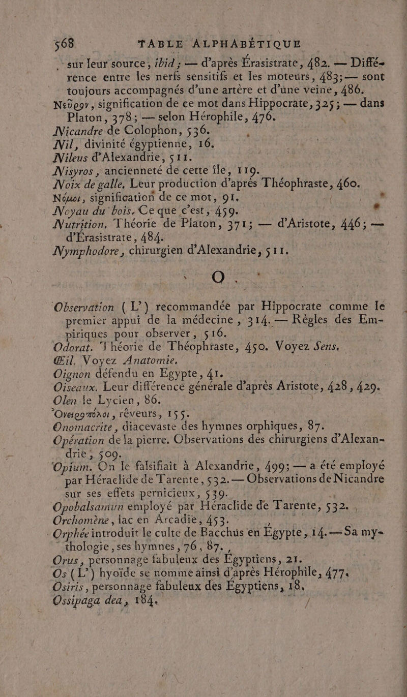 + sur leur source, ibid ; — d’après Érasistrate, 482. — Diffé- rence entre les nerfs sensitifs et les moteurs, 483; — sont toujours accompagnés d’une artère et d’une veine, 486. = N4de9r, signification de ce mot dans Hippocrate, 325$; — dans Platon, 378; — selon Hérophile, 476. \ Nicandre de Colophon, 536. ; IVil, divinité égyptienne, 16. Nileus d'Alexandrie, S11. ANisyros , ancienneté de cette île, 119. INoix de galle, Leur production d’après Théophraste, 460. Nos, signifioation de ce mot, 91. RE Noyau du'bois, Ce que c’est, 459. e Nutrition, Théorie de Platon, 371; — d’Aristote, 446; — d’Érasistrate, 484. Nymphodore, chirurgien d'Alexandrie, s11. ? Observation ( L’) recommandée par Hippocrate comme Ie premier appui de la médecine , 314.— Règles des Em- piriques pour observer, $16. Odorat. ‘A héorie de Théophraste, 450. Voyez Sens, Œil, Voyez Anatomie, 4 Oignon défendu en Egypte, 41. Oiseaux. Leur différence générale d’après Aristote, 428 , 420. Olen le Lycien, 86. | Oraggmna , rèveurs, 155. Onomacrite, diacevaste des hymnes orphiques, 87. Opération de la pierre. Observations des chirurgiens d’Alexan- drie, $00. | Opium. dé le falsifiait à Alexandrie, 499; — a été employé par Héraclide de Tarente, $32.— Observations de Nicandre sur ses effets pernicieux, 539. Opobalsanun employé par Héraclide de Tarente, 532. , Orchomène , lac en Arcadie, 453. ; : Orphée introduit le culte de Bacchus en Egypte, 14.—Sa my- thologie,ses hymnes, 76,87., Orus, personnage fabuleux des Egyptiens, 21. Os (L’) hyoïde se nomme ainsi d’après Hérophile, 4774 Osiris, personnage fabuleux des Égyptiens, 18, | Ossipaga dea, 184, péidr