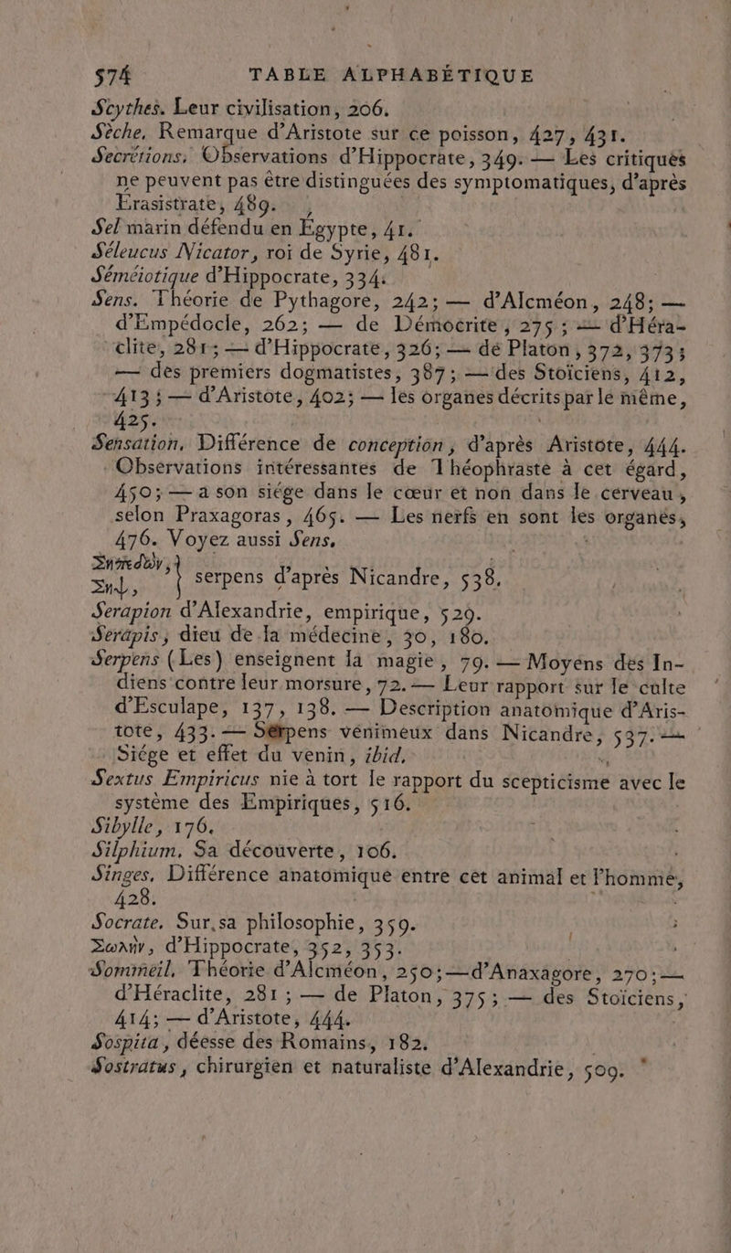 Scythes. Leur civilisation, 206, | Sèche, Remarque d’Aristote sur ce poisson, 427, 431. Secrétions, Observations d’Hippocrate, 349. — Les critiques ne peuvent pas être distinguées des symptomatiques, d’après Frasistrate, 489. | | Sel marin défendu en Egypte, 41. Séleucus Nicator, roi de Syrie, 481. Séméiotique d'Hippocrate, 334: Sens. Théorie de Pythagore, 242; — d’Alcméon, 248; — d'Empédocle, 262; — de Démocrite, 275 ; = d'Héra- “clite, 281; — d'Hippocrate, 326; — dé Platon, 372, 373; — dès premiers dogmatistes, 387; —des Stoïciens, 412, 4135 — d'Aristote, 402; — Ies organes décrits par lé niême, 425. PA Différence de conception, d’après Aristote, 444. Observations intéressantes de Théophraste à cet égard, 450; — a son siége dans le cœur et non dans le cerveau, selon Praxagoras, 465. — Les nerfs en sont les organés, 476. Voyez aussi Sens, | 4 | End, À DORE 6 5, serpens d’après Nicandre, 538, Serapion d'Alexandrie, empirique, 520. Serapis ; dieu de a médecine, 30, 180. Serpens (Les) enseignent 1a magie, 79.— Moyéns des In- diens contre leur morsure, 72.-— Leur rapport sur le culte d'Esculape, 137, 138. — Description anatomique d’Aris- tote, 433.— Sérpens vénimeux dans Nicandre, 537.2 Siége et effet du venin, éhid, 4 Sextus Empiricus nïe à tort le rapport du scepticisme avec le système des Empiriques, $16. Sibylle, 176. Silphium, Sa découverte, 106. Singes, Différence anatomique entre cet animal et homme, 428. | | Socrate, Sur,sa philosophie, 350. Zœanr, d'Hippocrate, 352, 353. | Sommeil, Théorie d’Alcméon, 250;—d’Anaxagore, 270:— d'Héraclite, 281 ; — de Platon, 375; — des Stoïciens, 414; — d’Aristote, 444. | Sospita , déesse des Romains, 182. | {