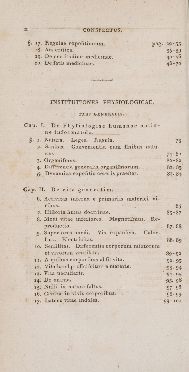 Xo 6. 17. 18. 19. 20. ; Cap. I Brd. 2. 5 og: p: eem siti quit ov is Ars critica. De certitudine medicinae. De fatis medicinae. INSTITUTIONES PHYSIOLOGICAE. t PARS GENERALIS. . ne informanda. NS Natura. Leges. Regula. Sanitas. Gonvenientia cum finibus natu- rae. Differentia generalis organifmorum. 6. 7 1 98. 9. 10. 11. 32. 15. 14. 15. 16. dre Aciivitas interna e primariis materiel vi- ribus. Hiftoria huius doctrinae. Modi vitae inferiores. Magnetifmus. Re- productio. ! Superiores modi. Vis expanfiva. Calor. Lux. Electricitas. | Senfilitas. Differentia corporum mixtorum et vivorum ventilata. A quibus corporibus abhft vita. - Vita peculiaris. De anima. Nulli in natura faltus. | Centra in vivis corporibus: Latens vitae indoles. 29-55. 55-59 40-46 46 -70