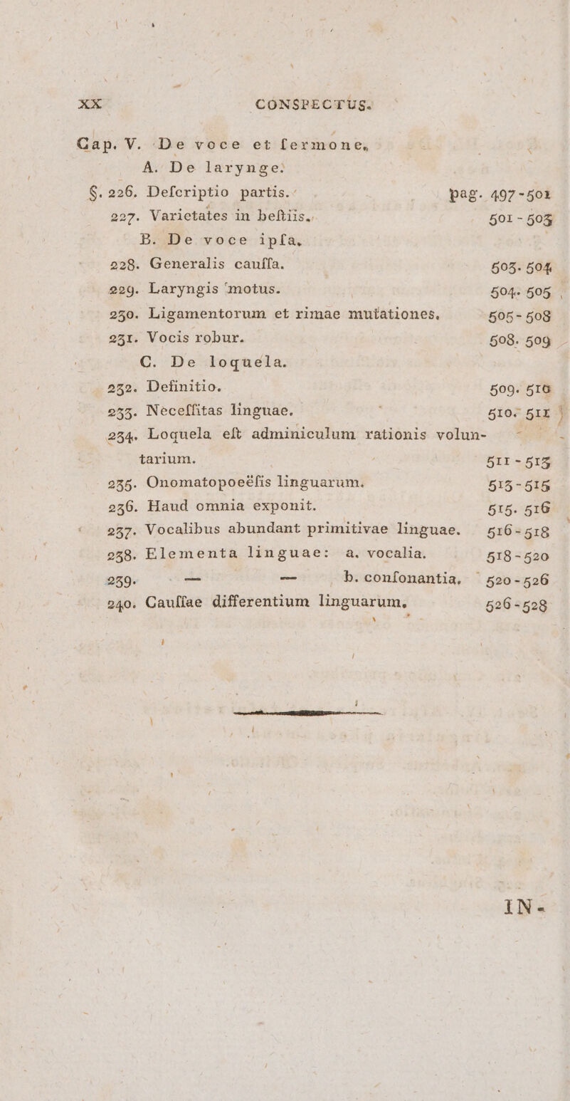 Gap. V. De voce et fermone, ; ; A. De larynge: S. 226. Defcriptio partis.: pag. 497 -501 227. Varietates in beítiis. 501-505 B. De voce ipfa, 228. Generalis cauffa. 505. 504 229. Laryngis motus. 504. 505 250. Lisamentorum et rimae mutationes, 505- 508 251. Vocis robur. 508. 509 . C. De loquela. 252. Definitio. 509. 516 255. Neceffitas linguae. 510. 5IE | 254. Loquela elt adminiculum rationis volun- ^ - ^. tarium. 5II-515 255. Onomatopoeéfis linguarum. 515-565 256. Haud omnia exponit. 515. 516 257. Vocalibus abundant primitivae linguae. — 5:16-5:8 258. Elementa linguae: a. vocalia. 518-520 2859. — — b. confonantia. ^ 520-526 240. Caulfae differentium linguarum, 526 - 528 i — MÀ Án —ÀÀM IN-