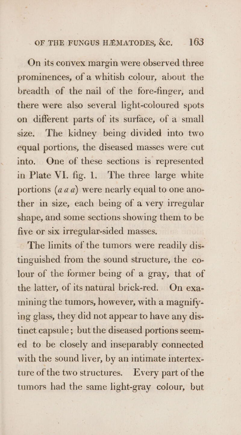 On its convex margin were observed three prominences, of a whitish colour, about the breadth of the nail of the fore-finger, and there were also several light-coloured spots on different parts of its surface, of a small size. The kidney being divided into two equal portions, the diseased masses were cut into. One of these sections is represented in Plate V1. fig. 1. The three large white portions (aaa) were nearly equal to one ano- ther in size, each being of a very irregular shape, and some sections showing them to be five or six irregular-sided masses, The limits of the tumors were readily dis- tinguished from the sound structure, the co- lour of the former being of a gray, that of the latter, of its natural brick-red. On exa- mining the tumors, however, with a magnify- ing glass, they did not appear to have any dis- tinct capsule; but the diseased portions seem- ed to be closely and inseparably connected with the sound liver, by an intimate intertex- ture of the two structures. Every part of the tumors had the same light-gray colour, but