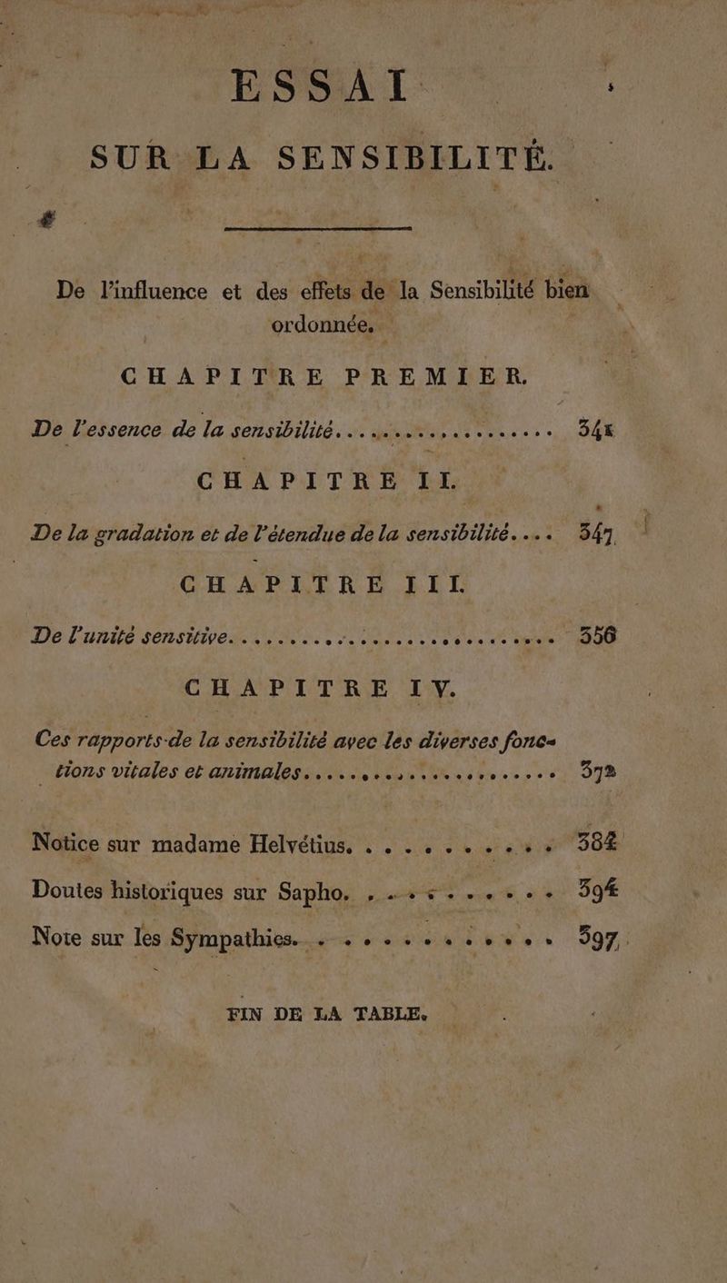 hé safe ESSM LT SUR LA SENSIBILITÉ. F. | De l'influence et des effets äs Ja Sensibilité bien ordonnée, CHAPITRE PREMIER. De l'essence de la sensibilité. … … A HAE mis. 34% CHAPITRE IL De la sradation et de l'étendue de la Sensibilité. 4: 54 CHAPITRE III. De l'unité sensitive. . ...... se sous ame 300 CHAPITRE I Y. Ces Apports ds la sensibilité avec les diverses fonc- _ tions vitales et animales... ONE PPT 372 Notice sur madame Helvétius. . . . . . . . . + + 384 Doutes historiques sur Sapho. , . «+ s...... 394 Note sur les Sympathies. . . + . . Se et 507) FIN DE LA TABLE.