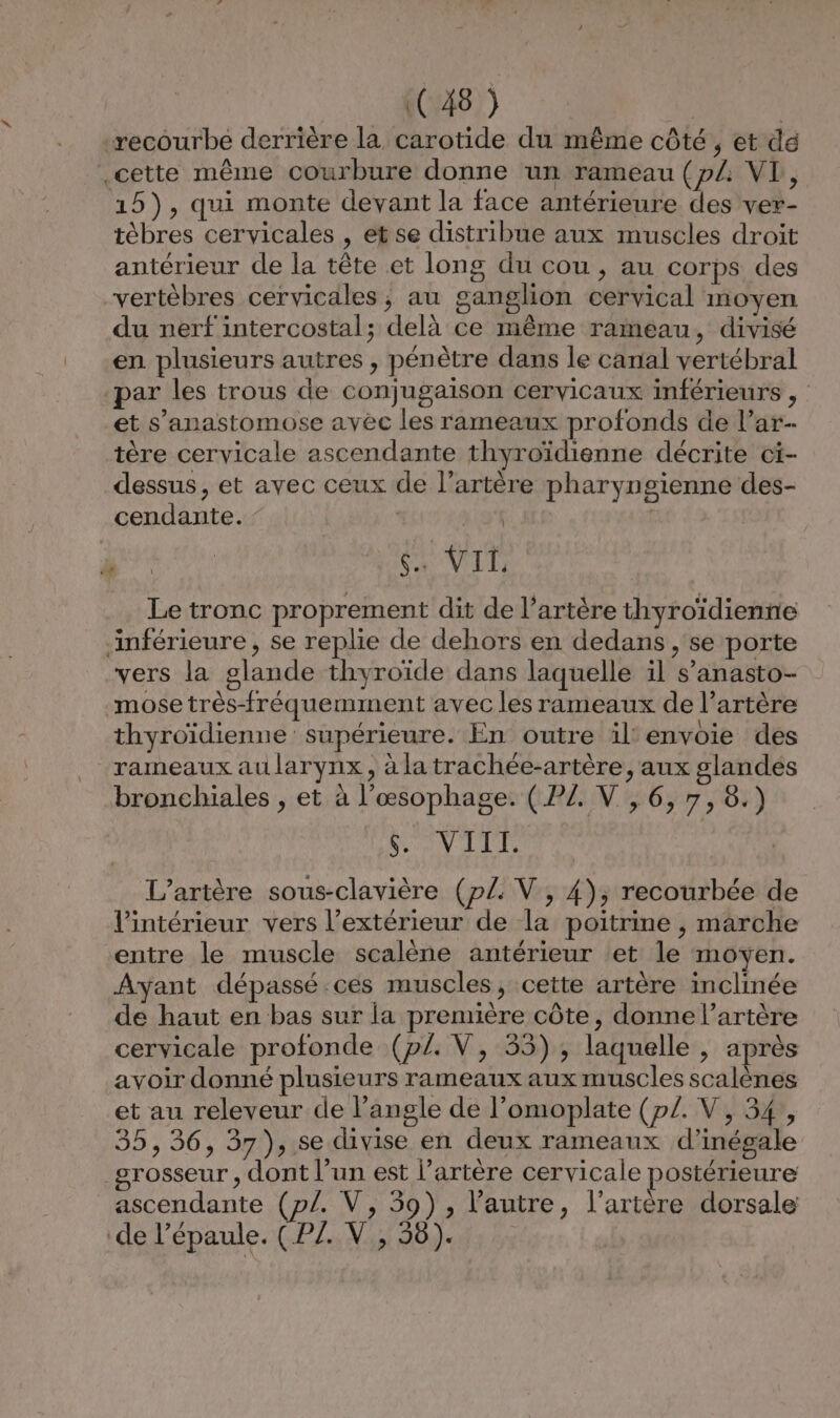 (C48)) : % | -recourbe derrière la carotide du même côté, et da .cette même courbure donne un rameau (p/ VI, 15), qui monte devant la face antérieure des ver- tèbres cervicales , et se distribue aux muscles droit antérieur de la tête et long du cou, au corps des vertèbres cervicales, au ganglion cervical moyen du nerf intercostal; delà ce même rameau, divisé en plusieurs autres , pénètre dans le canal vertébral par les trous de conjugaison cervicaux inférieurs , et s’anastomose avec les rameaux profonds de l’ar-. tère cervicale ascendante thyroïdienne décrite ct- dessus, et avec ceux de l’artère pharyngienne des- cendante. Ce \ 6. VII. Le tronc proprement dit de l'artère thyroïdienne inférieure, se replie de dehors en dedans , se porte “vers la glande thyroïde dans laquelle il s’anasto- mose très-fréquemment avec les rameaux de l’artère thyroïdienne' supérieure. En outre il envoie des rameaux au larynx, à la trachée-artère, aux glandes bronchiales , et à l’œsophage. (PZ. V ,6, 7,8.) SON ITE L’artère sous-clavière (p/. V, 4), recourbée de l’intérieur vers l'extérieur de la poitrine , marche entre le muscle scalène antérieur et le moyen. Ayant dépassé ces muscles, cette artère inclinée de haut en bas sur la première côte, donne l’artère cervicale profonde (p/. V, 33), laquelle , après avoir donné plusieurs rameaux aux muscles scalènes et au releveur de l'angle de l’omoplate (p£. V, 34,, 35,36, 37), se divise en deux rameaux d’inégale _grosseur , dont l’un est l'artère cervicale postérieure ascendante (p/. V, 59), l’autre, l’artère dorsale de l’épaule. (P/Z. V, 58).