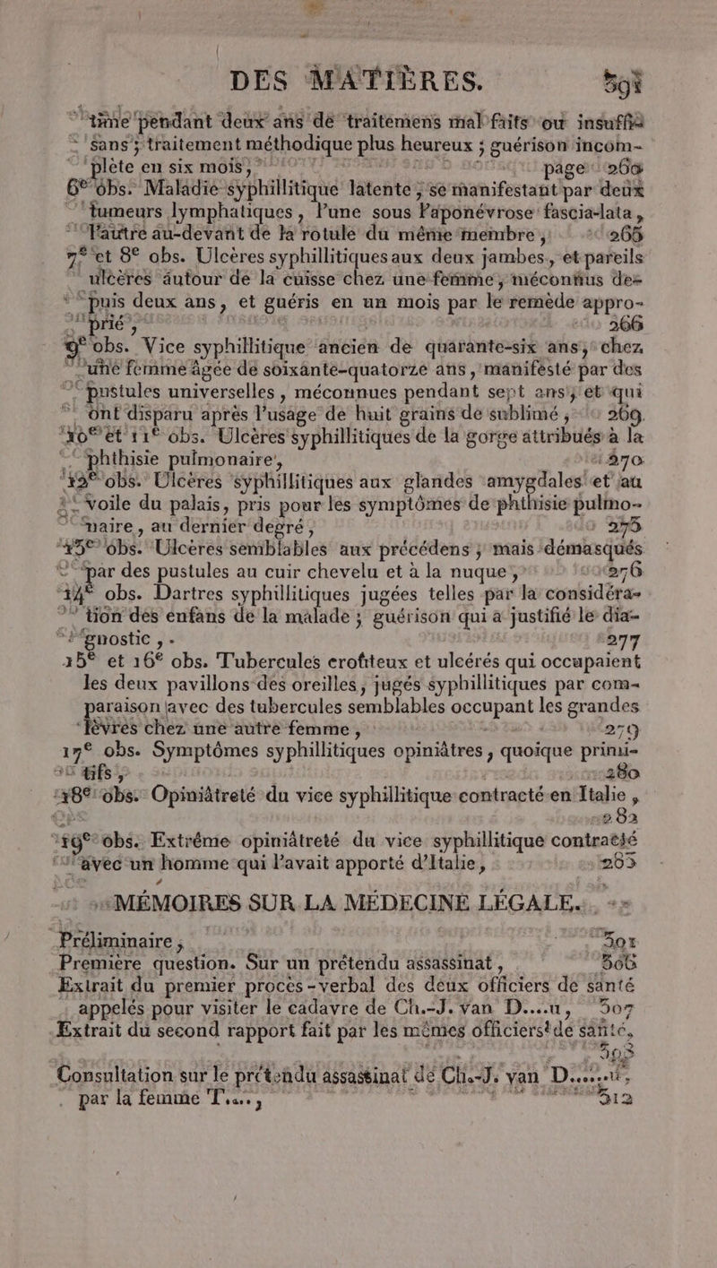 Ed si DES MATIÈRES. 59ù ‘’tine pendant deux ans dé traitemens mal ftits ow insuffia : Sans ; traitement méthodique plus heureux ; guérison incom- C'Hlète en sx mor FOI GES IN 9 -HoT page 26% 6®6bs. Maladie syphillitique latente ; ‘se manifestant par deux tumeurs lymphatiques, lune sous Faponévrose fascia-lata , ‘Fautre au-devant de la rotule du mérite membre; 265 7< et 8° obs. Ulcères syphillitiques aux deux jambes, et pareils ulcères âutour dé la cuisse chez une-fernme,; mécontius des “puis deux ans, et guéris en un mois par le remède appro- RES | L SOUSSE 266 9 obs. Vice syphillitique ancien de quarante-six ans, chez “une femme âgée dé soixante-quatorze ans , manifèsté par des pustules universelles, méconnues pendant sept ans} et qui *. ont disparu apres l’usage de huit grains dé sublimé ; © 200, ‘ro et 11° obs. Ulcères syphillitiques de la gorge attribués à la ‘‘phthisie pulmonaire, 870 ‘#2 obs. Ulcères Syphillitiques aux glandes amygdales' et jau 1! voile du palais, pris pour les symptômes de phthisie pulmo-- ‘maire, au dernier degré, | io 270 “+5° obs. Ulcères semblables aux précédens ; mais démasqués € ‘à des pustules au cuir chevelu et à la nuque, 876 14° obs. Dartres syphillitiques jugées telles par la considéra- ” tion des enfans de la malade ; guérison qui à justifié le dia 3 gnostic FA 277 25° et 16% obs, Tubercules erofiteux et ulcérés qui occupaient les deux pavillons-des oreilles, jugés Syphillitiques par com araison (avec des tubercules semblables occupant les grandes Len ni ‘lèvres chez une autre femme, : 27{} 17° obs. Symptômes syphillitiques opinütres , quoique primi- 30 fs) : HEIN Las 54 1880 1482: 6bs. Opiniâtreté du vice syphillitique contracté.en Italie , Gi | #2 82 :#g°°obs. Extrême opiniâtreté du vice syphillitique contratié ‘WPavec un homme qui Pavait apporté d'Italie, 202 1} :# MÉMOIRES SUR LA MÉDECINE LÉGALE... +» -Préliminaire, | | Tone Premiere question. Sur un prétendu assassinat, 566 Extrait du premier proces -verbal des deux officiers de santé appelés pour visiter le cadavre de Ch.-J. van D...u, 307 Extrait du second rapport fait par les mêmes officierstde sante, s ‘ Pie © ; * | 05 Consultation sur le prétendu assastinat dé Ch.-J. van D... cn par la femme Ta, NT