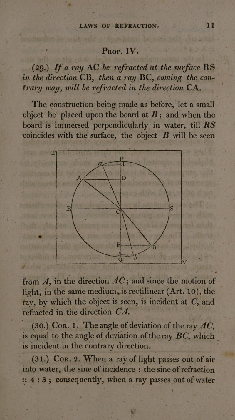 Prop. IV. (29.) If a ray AC be refracted at the surface RS in the direction CB, then a ray BC, coming the con- trary way, will be refracted in the direction CA. The construction being made as before, let a small object be placed upon the board at B; and when the board is immersed perpendicularly in water, till RS coincides with the surface, the object B will be seen wf : from A, in the direction 4C; and since the tiotion. of light, in the same medium, is rectilinear (Art. 10), the ray, by which the object is seen, is incident at C, and refracted in the direction CA. } (30.) Cor. 1. The angle of deviation of the ray AC, is equal to the angle of deviation of the ray BC, which | is incident.in the contrary direction. (31.) Cor. 2. When a ray of light passes out of air into water, the sire of incidence : the sine of refraction 34:33 consequently, when a ray passes out of water i