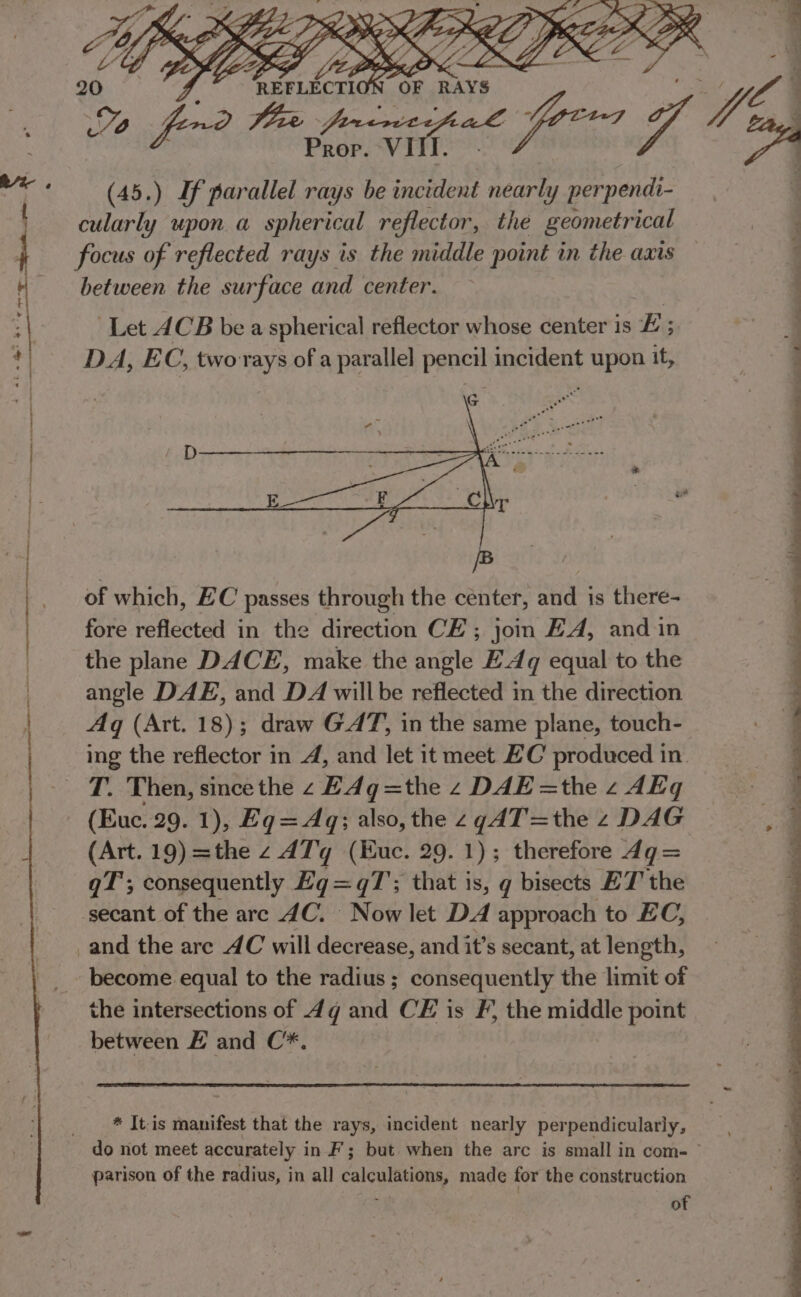 Se &gt; 2 C3 . a Hf SLED SILL ISE? DP PR ' ON PF Mes Ki OF RAYS a BR fo? (emacs weiene fort ff Tia Tix (45.) If parallel rays be incident nearly perpendi- cularly upon a spherical reflector, the geometrical focus of reflected rays is the middle point in the axis between the surface and center. Let ACB be a spherical reflector whose center is E; DA, E C, two rays of a parallel penerl incident UPRE it, ' aa eee ee 6 at tie. of which, EC passes through the center, Sade is there- fore reflected in the direction CE ; jom EA, and in the plane DACE, make the angle E.4q equal to the angle DAE, and DA willbe reflected in the direction Ag (Art. 18); draw GAT, in the same plane, touch- T. Then, since the z HAg=the 2 DAE =the z AEg (Euc. 29. 1), Eq=4q; also, the z gAT=the z DAG (Art. 19) =the z dTq (Euc. 29.1); therefore 4g= qT; consequently Eq= qT; that is, q bisects ET the secant of the are AC, Now let DA approach to EC, become equal to the radius; consequently the limit of the intersections of 4g and CE is F, the middle point between E and C*. * It-is manifest that the rays, incident nearly perpendicularly, do not meet accurately in F; but when the arc is small in com- — parison of the radius, in all calculations, made for the construction ; t of