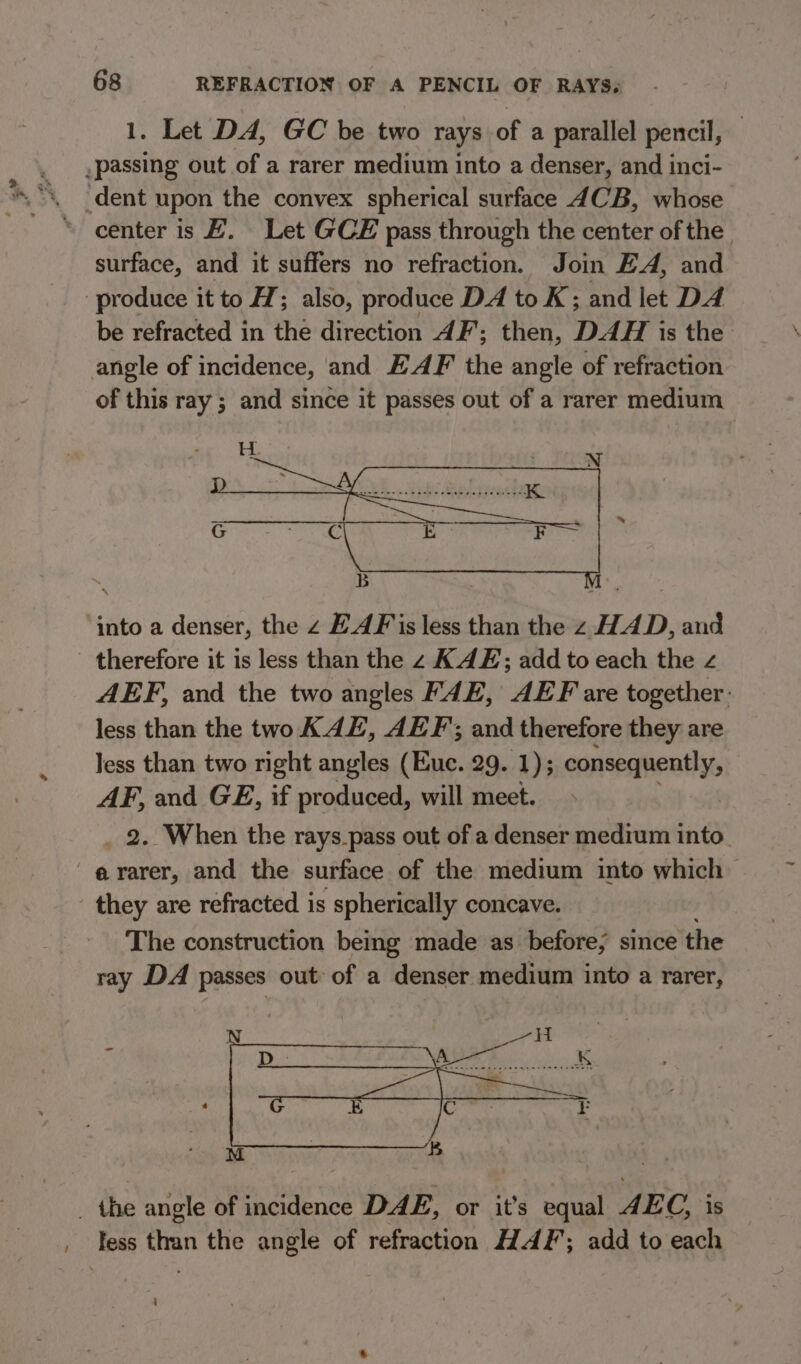 4 1. Let DA, GC be two rays of a parallel pencil, center is Z. Let GCE pass through the center of the surface, and it suffers no refraction. Join EA, and be refracted in the direction AF’; then, DAA is the of this ray ; and since it passes out of a rarer medium into a denser, the z HAF 'is less than the z HAD, and AEF, and the two angles FAE, AEF are together: less than the two KAZ, AEF’; and therefore they are less than two right angles (Euc. 29. 1); consenpently AF, and GE, if produced, will meet. _ 2. When the rays_pass out of a denser medium into. ararer, and the surface of the medium into which The construction being made as before; since the ray DA passes out of a denser medium into a rarer, Tess than the angle of refraction HAF; add to each