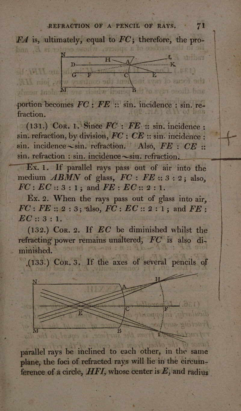 * _ REFRACTION OF A PENCIL OF RAYS. ~- 71% FA is, ultimately} equal to FC; therefore, the pro- : portion becomes FC : FE :: sin. incidence : sin. re- fraction, ; 1 iat ps hah rg (131.) Cor, 1.'Sinee FC: FE-:: sin. incidence : sin. refraction, by division, FC : CE :: sin. incidence : te sin. incidence~sin. refraction. Also, FE: CE: | | sin. refraction : sin. imcidence ~sin. refraction, ee x. 1. If parallel rays pass out of air into the medium ABMN of glass, FC : FE +: 3:2; also, PC 2 BC w3 15 and LE? BCw2 A: Ex. 2. When the rays pass out of glass into air, FC: FE ::2:3;&lt;@lso, FC: EC:: 2:1; and FE: EC +3302 Wa | : (132.) Cor. 2. If EC be diminished whilst the refracting’ power remains unaltered, FC’ is also di- | _ minished. . | hice gone | SS Tenet : (133.) Cor. 3. If the axes of several pencils of parallel rays be inclined to each other, in the same plane, the foci of refracted rays will lie in the circum- ference of a circle, AZFI, whose center is 4; and radius | te