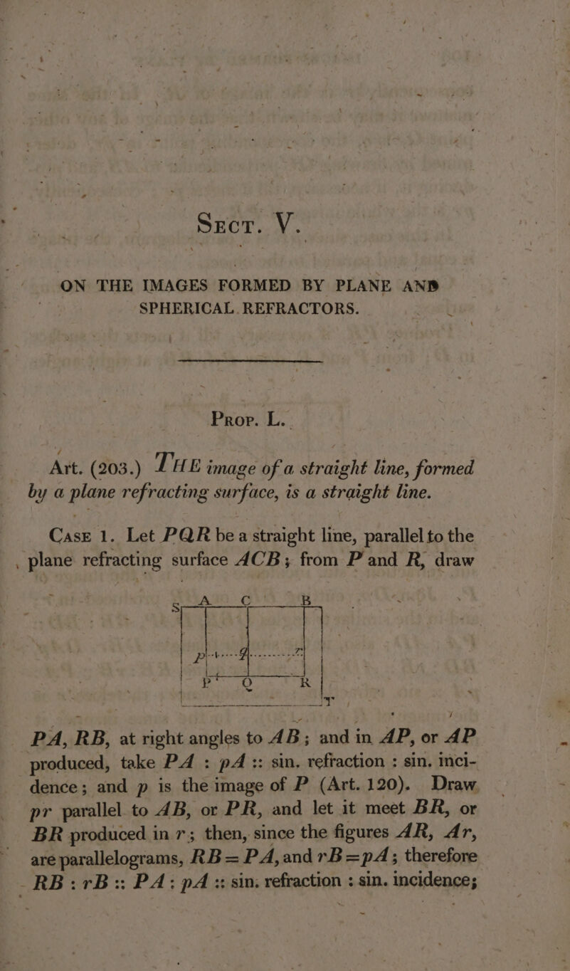 SHOT Va. _ ON THE IMAGES FORMED BY PLANE AND | SPHERICAL. REFRACTORS. Prop. L. Art. (203.) Tue image of a straight line, formed by a plane refracting surface, is a straight line. CasE 1. Let PQR be a straight line, parallel to the _ plane refracting surface ACB; from P and R, draw _ PA, RB, at right angles to 4B; and in AP, or AP produced, take PA : pA:: sin. refraction : sin. inci- dence; and p is the image of P (Art.120). Draw pr parallel to 4B, or PR, and let it meet BR, or BR produced in 7; then, since the figures 4R, Ar, are parallelograms, RB=PA,andrB=pA; therefore _RB:rB:: PA: pA :: sin. refraction : sin. incidence; ~