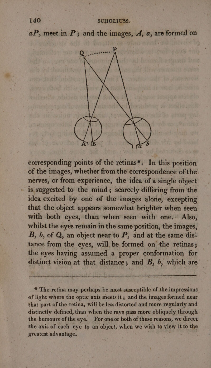 aP, meet in -P; and the images, 4, a, are formed on POY SS a ey aor — . corresponding points of the retinas*. In this position of the images, whether from the correspondence of the nerves, or from experience, the idea of a single object is suggested to the mind; scarcely differing from the idea excited by one of the images alone, excepting that the object appears somewhat brighter when seen with both eyes, than when seen with one. Also, whilst the eyes remain in the same position, the images, B, 6, of Q, an object near to P, and at the same dis- tance from the eyes, will be formed on the retinas; the eyes having assumed a proper conformation for distinct vision at that distance; and B, b, which are * The retina may perhaps be most susceptible of the impressions of light where the optic axis meets it ; and the images formed near that part of the retina, will be less distorted and more regularly and distinctly defined, than when the rays pass more obliquely through the humours of the eye. For one or both of these reasons, we direct the axis of each eye to an object, when we wish to view it to the greatest advantage.