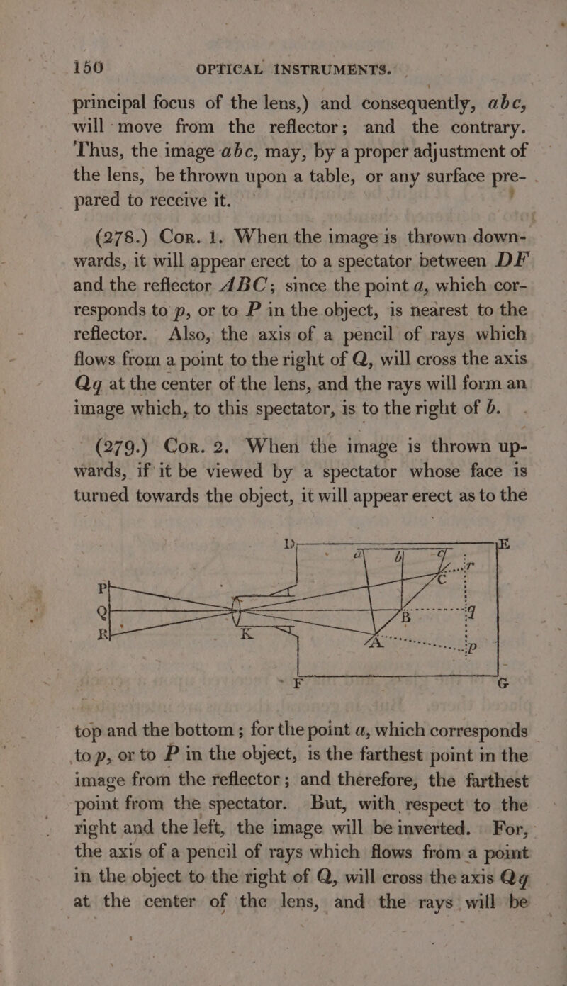 principal focus of the lens,) and consequently, abc, will move from the reflector; and the contrary. Thus, the image abc, may, by a proper adjustment of the lens, be thrown upon a table, or any surface pre- . _ pared to receive it. (278.) Cor. 1. When the image is thrown down- wards, it will appear erect to a spectator between DF and the reflector 4BC; since the point a, which cor- responds to p, or to P in the object, is nearest to the reflector. Also, the axis of a pencil of rays which flows from a point to the right of Q, will cross the axis Qq at the center of the lens, and the rays will form an image which, to this spectator, is to the right of 6. (279.) Cor. 2. When the image is thrown up- wards, if it be viewed by a spectator whose face is turned towards the object, it will appear erect as to the top and the bottom ; for the point a, which corresponds | top, or to P in the object, is the farthest point in the image from the reflector; and therefore, the farthest point from the spectator. But, with respect to the right and the left, the i image will be inverted. For, the axis of a pencil of rays which flows from a point in the object to the right of Q, will cross the axis Qg _at the center of the lens, and the rays will be