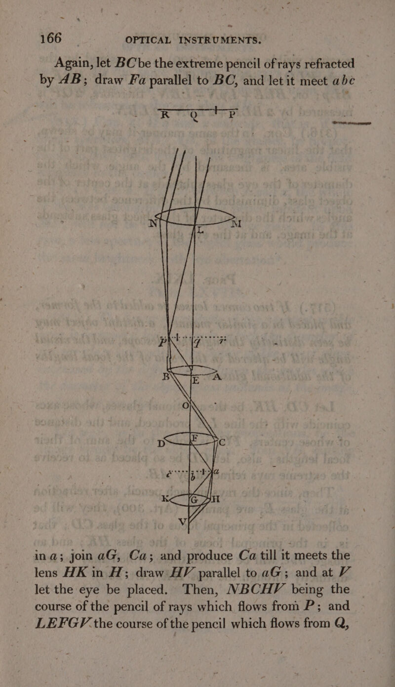 ~ 166 ) OPTICAL INSTRUMENTS. Again, let BC be the extreme pencil of rays refracted by 4B; draw Fa parallel to BC, and let it meet abe ina; jon aG, Ca; and produce Ca till it meets the lens HK in H; draw HV parallel to aG; and at V let the eye be placed. Then, NBCHV being the course of the pencil of rays which flows from P; and LEFGY¥-the course of the pencil which flows from Q,