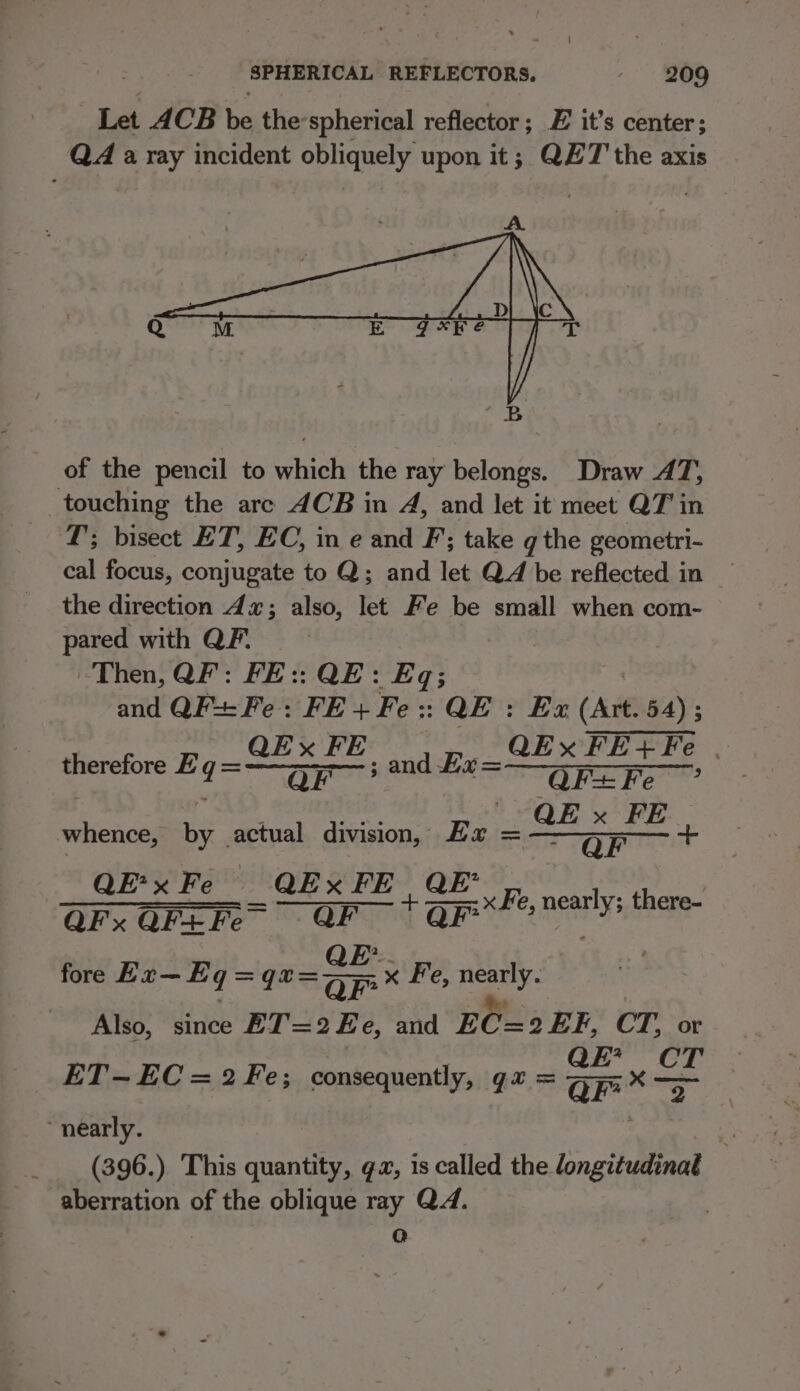 Let ACB i the spherical reflector; E it’s center; QA a ray incident obliquely upon it; QET the axis of the pencil to which the ray belongs. Draw AT, touching the are ACB in A, and let it meet QT in TL; bisect ET, EC, in e and F; take q the geometri- cal focus, conjugate to Q; and let QA be reflected in the direction 4x; also, let Fe be small when com- pared with QF. Then, QF: FE:: QE: Eq; and QF: Fe: FE + Fe :: QE : Ex (Art. 5A) ; Ex FE+F therefore Eq=-— ; and Be = SEX PESTS | ) QE x FE. whence, by actual division, Ex = Vy an as QE*x Fe QExFE QE’ . OFs OF LF Fi. OG son nit Race 2 QR fe pearly there- oe: x Fe, nearly. QF’ Also, since ET=2 Ke, and EC=2EF, CT, or ET~EC=02Fe; consequently, gu = ar* 5 cr fore Ex-~ Eq = q2= “nearly. a _ (396.) This quantity, ga, is called the longitudinal aberration of the oblique ray QA. | | Q