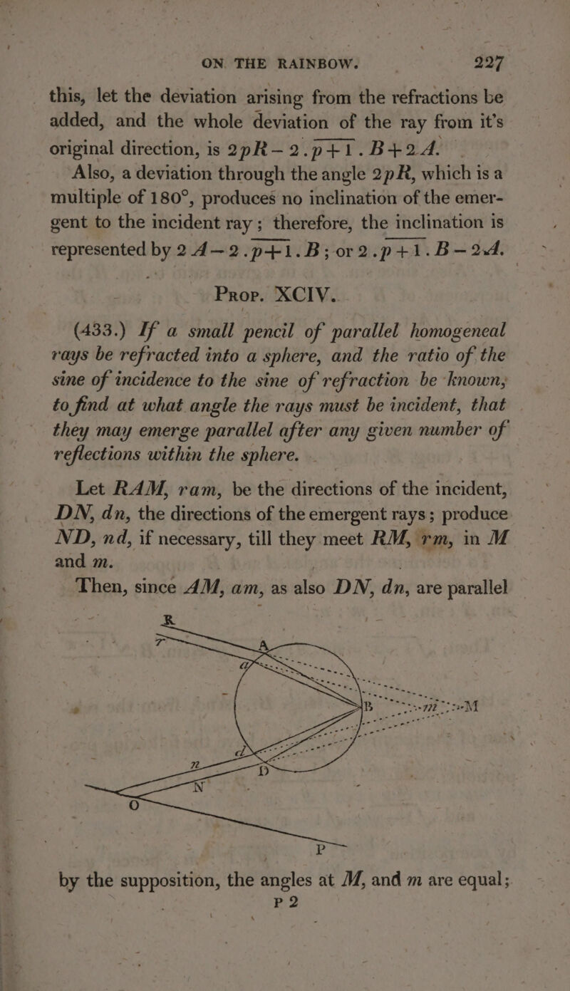 _ this, let the deviation arising from the refractions be added, and the whole deviation of the ray from it’s original direction, is 2pR—- 2. pti .B+2/4. Also, a deviation through the angle 2pR, which is a multiple of 180°, produces no inclination of the emer- gent to the incident ray ; therefore, the inclination is represented by 24—2.p+1.B;or2.p+1.B—24. Prop. XCIV. (433.) If a small pencil of parallel homogeneal rays be refracted into a sphere, and the ratio of the sine of incidence to the sine of refraction be ‘known, to find at what angle the rays must be incident, that they may emerge parallel after any given number of reflections within the sphere. | Let RAM, ram, be the sitteubions of the incident, DN, dn, the directions of the emergent rays; produce ND, nd, if necessary, till they meet RM, rm, in M and m. cai since 4M, am, as also DN, din are parallel by the ig Lvatitie the Bibles at M, and m are equal; P2