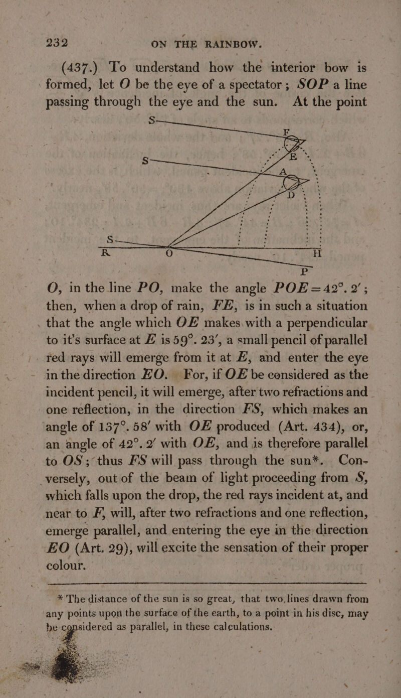 (437.) To understand how the interior bow is ‘formed, let O be the eye of a spectator; SOP a line passing through the eye and the sun. At the point ‘ : O, in the line PO, make the angle POE =42°. 2’; then, when a drop of rain, FE, is in such a situation . that the angle which OE makes. with a perpendicular to it’s surface at # is 59°. 23’, a small pencil of parallel _ red rays will emerge from it at £, and enter the eye in the direction HO. For, if OE be considered as the incident pencil, it will emerge, after two refractions and one reflection, in the direction FS, which makes an angle of 157°. 58’ with O£ produced (Art. 434), or, an angle of 42°. 2’ with OF, and is therefore parallel to OS ;°thus FS will pass through the sun*. Con- versely, out of the beam of light proceeding from S, which falls upon the drop, the ws rays incident at, and near to F, will, after two refractions and one reflection, emerge parallel, and entering the eye in the direction EO (Art. 29), will excite the sensation of their a colour. * The distance of the sun is so great, that two, lines drawn from any points upon the surface of the earth, to a point in his disc, may be cgnsidered as parallel, in these calculations.
