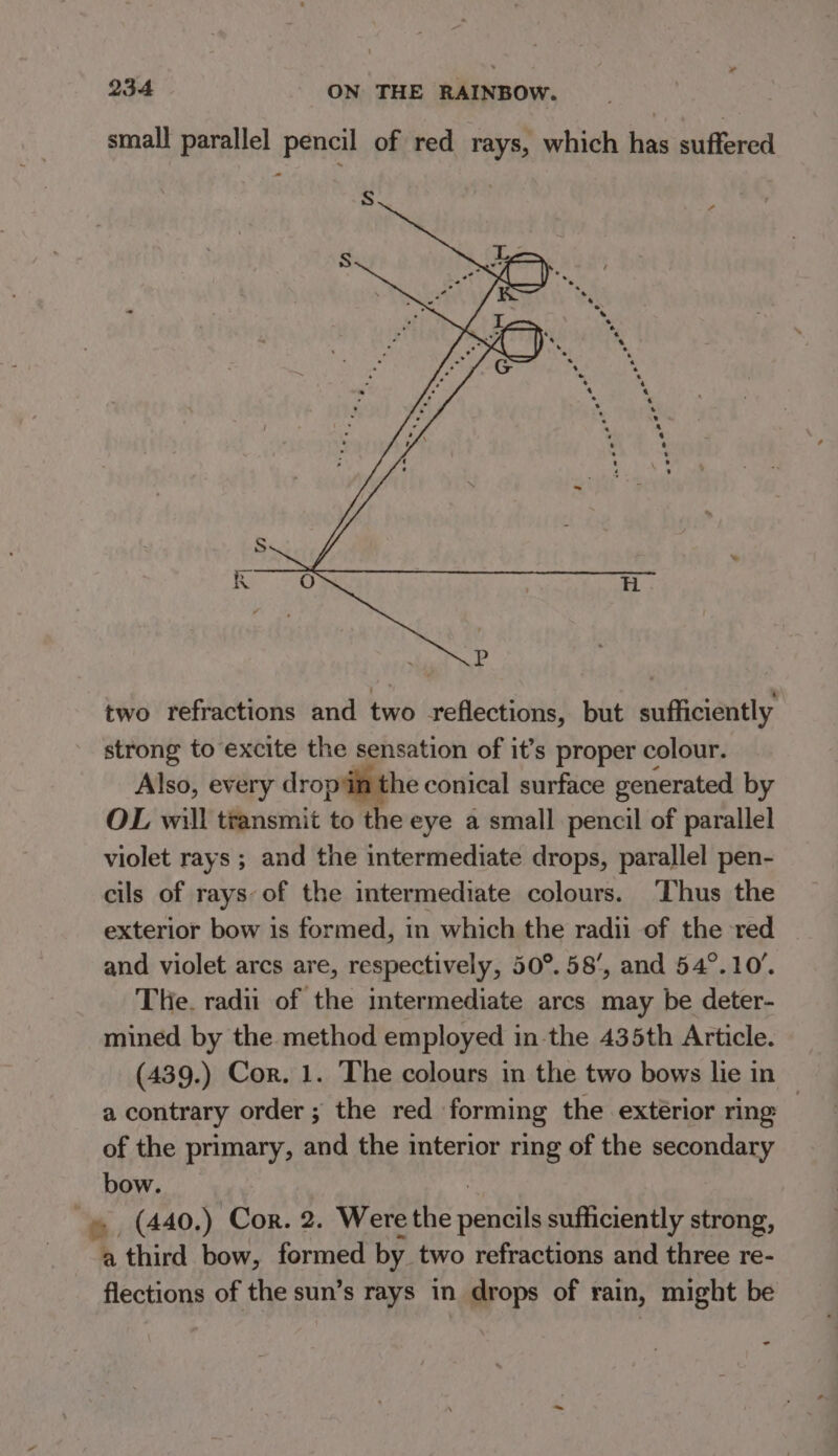 small parallel pencil of red rays, which has suffered two refractions and two reflections, but sufficiently strong to excite the sensation of it’s proper colour. Also, every drop'in the conical surface generated by OL will transmit to the eye a small pencil of parallel violet rays ; and the intermediate drops, parallel pen- cils of rays of the intermediate colours. Thus the exterior bow is formed, in which the radii of the red and violet arcs are, respectively, 50°. 58’, and 54°.10’. The. radii of the intermediate arcs may be deter- mined by the method employed in-the 435th Article. (439.) Cor. 1. The colours in the two bows lie in — a contrary order; the red forming the extérior ring | of the primary, and the interior ring of the secondary bow. » (440.) Cor. 2. Were the eit) sufficiently strong, a third bow, formed by two refractions and three re- flections of the sun’s rays in drops of rain, might be -