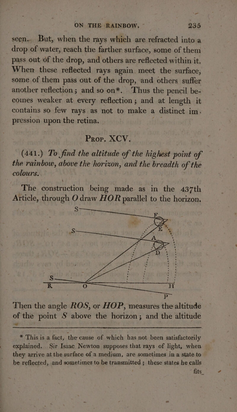 seen... But, when the rays which are refracted into a _ drop of water, reach the farther surface, some of them pass out of the drop, and others are reflected within it. When these reflected rays again meet the surface, some of them pass out of the drop, and others suffer — another reflection; and so on*. Thus the pencil be- comes weaker at every reflection; and at length it contains so few rays as not to make a distinct im. pression upon the retina. Prop. XCV. (441.) To find the altitude of the highest soit of the rainbow, above the horizon, and the breadth of the colours. The construction being made as in the 437th Article, through Odraw HOR parallel to the horizon. Then the angle ROS, or HOP, measures the altitude of the point S above the horizon; and the altitude * This is a fact, the cause of which has not been satisfactorily explained. _ Sir Isaac Newton supposes that rays of light, when they arrive at the surface of a medium, are sometimes in a state to be reflected, and sometimes to be transmitted ; these states he calls * fits,
