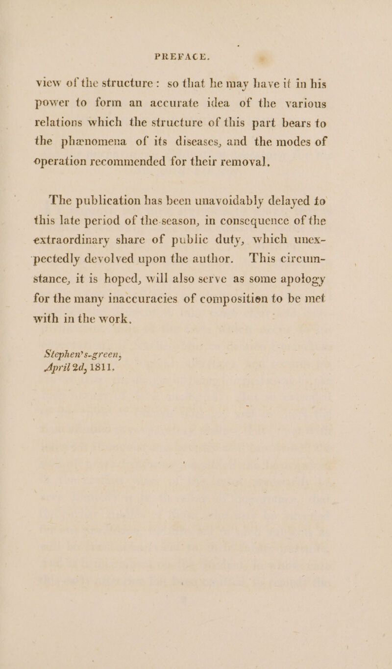 view of the structure: so that he may have it in his power to form an accurate idea of the various relations which the structure of this part bears to the phenomena of its diseases, and the modes of operation recommended for their removal. The publication has been unavoidably delayed to this late period of the-season, in consequence of the extraordinary share of public duty, which unex- ‘pectedly devolved upon the author. This circum- stance, it is hoped, will also serve as some apotogy for the many inaccuracies of compositien to be met with in the work. Stephen’ s.green, April 2d, 1811.