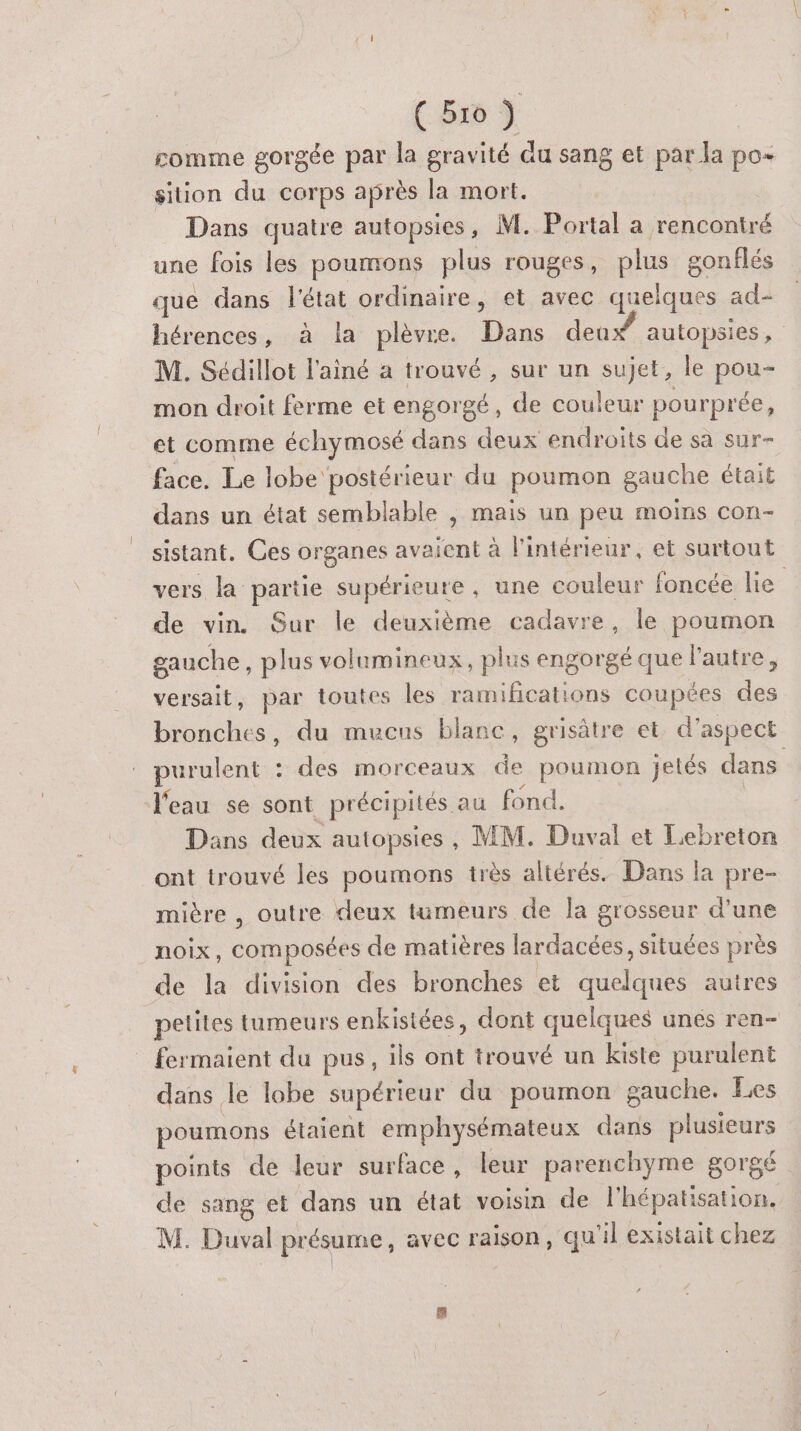 comme gorgée par la gravité du sang et par la po sition du corps après la mort. Dans quatre autopsies, M. Portal a rencontré une fois les poumons plus rouges, plus gonflés que dans l'état ordinaire, et avec quelques ad- hérences, à la plèvre. Dans deux autopsies, M. Sédillot l’ainé a trouvé, sur un sujet, le pou- mon droit ferme et engorgé, de couleur pourprée, et comme échymosé dans deux endroits de sa sur- face. Le lobe postérieur du poumon gauche était dans un état semblable , mais un peu moins con- sistant. Ces organes avaient à l’intérieur, et surtout vers la partie supérieure, une couleur foncée lie de vin. Sur le deuxième cadavre, le poumon gauche, plus volumineux, plus engorgé que l'autre, versait, par toutes les ramifications coupées des bronches, du mucus blane, grisâtre et d'aspect purulent : des morceaux de poumon jetés dans l'eau se sont précipités au fond. | Dans deux autopsies, MM. Duval et Liebreton ont trouvé les poumons très altérés. Dans la pre- mière , outre deux tumeurs de la grosseur d’une noix, composées de matières lardacées, situées près de la division des bronches et quelques autres petites tumeurs enkistées, dont quelques unes ren- * fermaient du pus, ils ont trouvé un kiste purulent dans le lobe supérieur du poumon gauche. Les poumons étaient emphysémateux dans plusieurs points de leur surface, leur parenchyme gorgé de sang et dans un état voisin de l'hépatisation, M. Duval présume, avec raison, qu'il existait chez