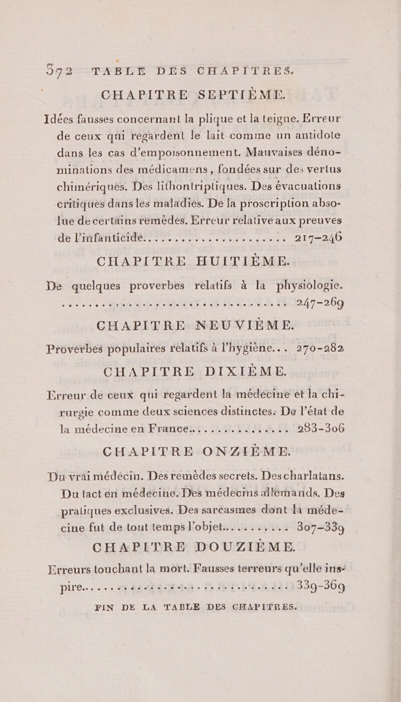 392 TABLE DES CHAPITRES. CHAPITRE SEPTIÈME. Idées fausses concernant la plique et la teigne. Erreur de ceux qui regardent le lait comme un antidote dans les cas d’empoisonnement. Mauvaises déno- munalions des médicamens, fondées sur des vertus chimériques. Des lithontripliques. Des évacualions critiques dans les maladiés. De la proscriplion abso- lue de certains remèdes. Erreur relative aux preuves ARTE TIMOR rene sta à eue ou die ee cine 217-246 CHAPITRE HUITIÈME. De quelques proverbes relatifs à la physiologie. NRA PL à D dde ECM NLEILR 247-269 CHAPITRE NEUVIÈME. Provérbes populaires relatifs à l'hygiène... 270-982 CHAPITRE DIXIÈME. Erreur dé ceux qui regardent la médécine et la chi- rurgie comme deux sciences distinctes: De l’état de la médecine en France.....,... GAMS83-306 CHAPITRE ONZIÈME. Du vrai médécin. Des remèdes secrets. Descharlatans. Du tact en médecine. Des médecins allemands. Des praiiques exclusives. Des sarcasmes dont 11 méde- cine fut de tout temps l’objet... ........ 307-339 CHAPITRE DOUZIÈME. Erreurs touchant la mort. Fausses terreurs qu’elle ins: pire. 2 5. + ee 0e ee = ee + © © © + « 339-309 ù FIN DE LA TABLE DES CHAPITRES.