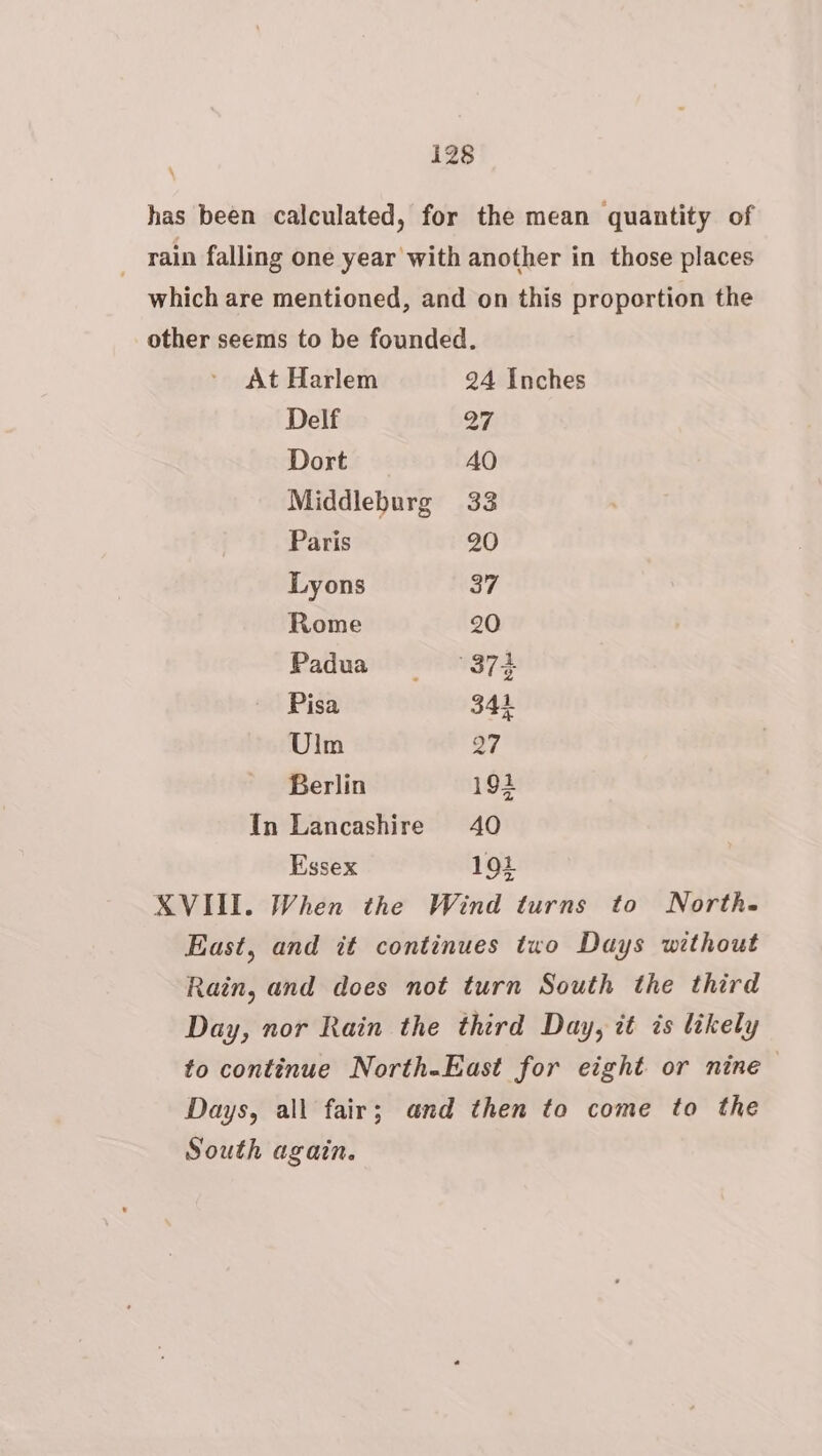 \ has been calculated, for the mean quantity of rain falling one year with another in those places which are mentioned, and on this proportion the other seems to be founded. At Harlem 24 Inches Delf 27 Dort AO Middleburg 33 Paris 20 Lyons 37 Rome 20 Padua = 374 Pisa 344 Ulm 27 Berlin 192 In Lancashire 40 Essex 191 XVIII. When the Wind turns to North- East, and it continues two Days without Rain, and does not turn South the third Day, nor Rain the third Day, it is likely to continue North-East for eight or nine Days, all fair; and then to come to the South again.