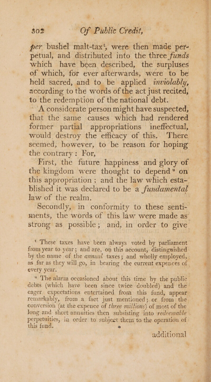 petual, and distributed into the three funds which have been described, the surpluses of which, for ever afterwards, were to be held sacred, and to be applied znviolably, according to the words of the act just recited, to the redemption of the national debt. - A considerate person might have suspected, that the same causes which had rendered former partial appropriations ineffectual, would destroy the efficacy of this. There seemed, however, to be reason for hoping the contrary: For, . | First, the future happiness and glory of the kingdom were thought to depend on law of the realm. Secondly, in conformity to these senti- strong as possible; and, in order to give t These taxes have been always voted by parliament from year to year; and are, on this account, distinguished every year. _ eager expectations entertained from this fund, appear remarkably, from a fact just mentioned; or from the conversion (at the expence of three millions) of most of the perpetuities, in order to subject them to the operation of this fund. ®