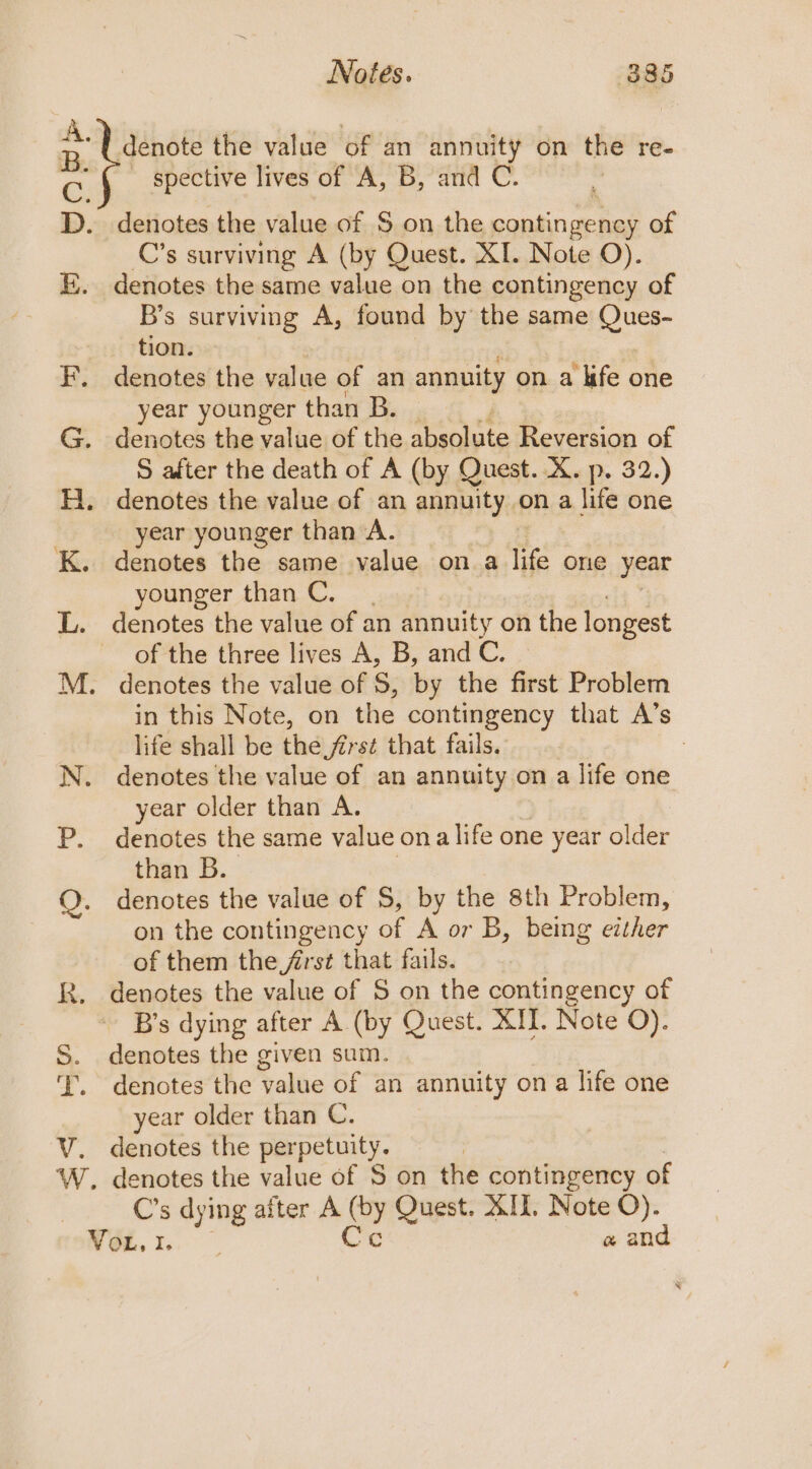 OPP D. Se Ss f. Bee f 4 © Notes. 385 denote the value of an annuity on the re- - spective lives of A, B, and C. denotes the value of S on the contingency of C’s surviving A (by Quest. XI. Note O). denotes the same value on the contingency of B's surviving A, found by the same Ques- tion. denotes the value of an annuity on a kfe one year younger than B. : denotes the value of the absolute Reversion of S after the death of A (by Quest. X. p, 32.) denotes the value of an annuity on a life one year younger than A. denotes the same value on a fe one, year younger than C. denotes the value of an annuity on the longest of the three lives A, B, and C. in this Note, on the contingency that A’s life shall be the first that fails. i denotes the value of an annuity on a life one year older than A. denotes the same value ona life one year older than B. denotes the value of S, by the 8th Problem, on the contingency of A or B, being either of them the frst that fails. denotes the value of S on the contingency of B’s dying after A (by Quest. XII. Note O). denotes the given sum. denotes the value of an annuity on a life one year older than C. denotes the perpetuity. C's dying after A &amp; Quest. XII. Note O).