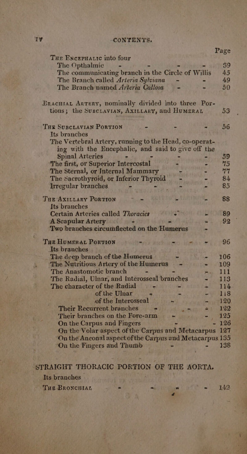 Page Tur Enceruatre into four The Opthalmic - ~ - - 39 The communicating branch in the Circle of Willis 45 The Branch called Arteria Sylviana - - 49 The Branch named Arteria Callosa = - 50 Bracuiat Artery, nominally divided into three Por- tions; the Suscravian, AxILLary, and HuMERAL 53 Tus SuBCLAVIAN PorTION - - - 56 Its branches Fhe Vertebral Artery, running to the Head, co-operat- ing with the Encephalic, and said to give off the Spinal Arteries - - - - 59 The first, or Superior Intercostal - - 5 The Sternal, or Internal Mammary - - 17 The sacrothyroid, or Inferior Thyroid = - - 84 trregular branches - ewe - 85 Tue Ax1tuary PortTron Suge - - 88 Its branches Certain Arteries called Thoracics - - 89 A Scapular Artery - - - 92 Two branches circumflected on the Humerus - Tue Humerat Portion - - - 96 Its branches The deep branch of the Humerus ~ - 106 . ‘The Nutritious Artery of the Humerus - - ~109 The Anastomotic branch - - rte § | / The Radial, Ulnar, and Interosseal branches 7 ASS The character of the Radial - - Pe ay ¢\! of the Ulnar - - - 118 of the Interosseal © - «5, F120 Their Recurrent branches - sim =) 122 Their branches on the Fore-arm - = 95 “On the Carpus and Fingers - 126 On the Volar aspect of the Carpus re | Metacarpus 127 ‘On the Anconal aspect of the Carpus and Metacarpus 135 ‘On the Fingers and Thumb - - 138 STRAIGHT THORACIC PORTION OF THE AORTA. Its branches Tus BroncHiar - = . ~) 242