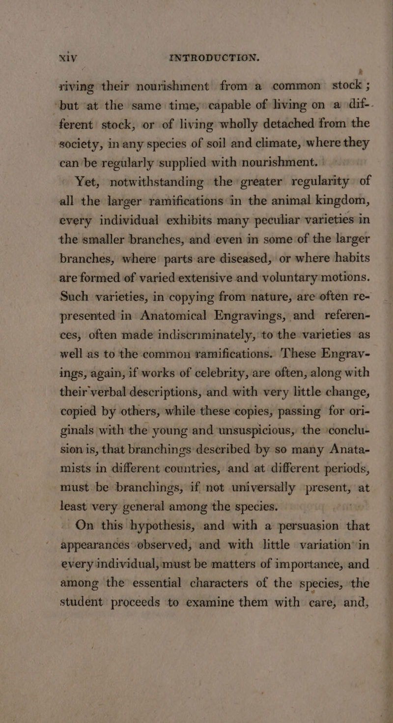 “ e riving their nourishment from a common stock ; ‘but ‘at the same time, capable of living on a dif-. ferent stock, or of living wholly detached from the society, in any species of soil and climate, where they can ‘be regularly supplied with nourishment. | Yet, notwithstanding the greater regularity of all the larger ramifications in the animal kingdom, every individual exhibits many peculiar varieties in the smaller branches, and even in some of the larger branches, where parts-are diseased, or where habits are formed of varied extensive and voluntary motions. Such varieties, in copying from nature, are often re- presented in Anatomical Engravings, and referen- ces, often made indiscriminately, to the varieties as well as to the common ramifications. ‘These Engrav- ings, again, if works of celebrity, are often, along with their verbal descriptions, and with very little change, copied by others, while these copies, passing for ori- ginals with the young and ‘unsuspicious, the :conclu- sion is, that branchings described by so many Anata- mists in different countries, and at different periods, must. be branchings, if not universally present, at least very general among the species. . On this hypothesis, and with a persuasion that appearances observed, and with little variation’ in every individual, must be matters of importance, and among the essential characters of the species, the student proceeds to examine them with care, and,