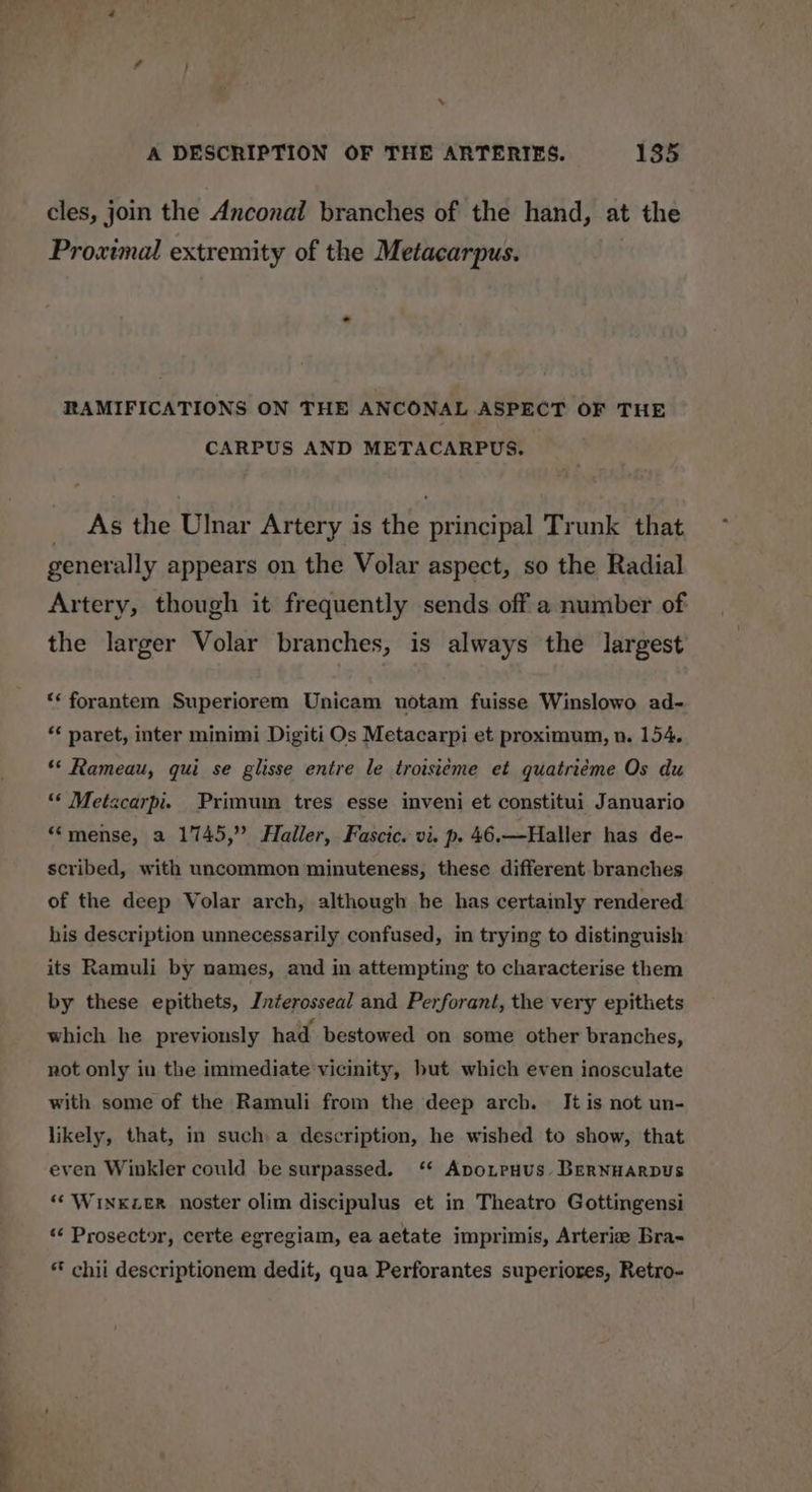 cles, join the Anconal branches of the hand, at the Proximal extremity of the Metacarpus. RAMIFICATIONS ON THE ANCONAL ASPECT OF THE CARPUS AND METACARPUS. _ As the Ulnar Artery is the principal Trunk that generally appears on the Volar aspect, so the Radial Artery, though it frequently sends off a number of the larger Volar branches, is always the largest ** forantem Superiorem Unicam notam fuisse Winslowo ad- *€ paret, inter minimi Digiti Os Metacarpi et proximum, n. 154. ** Rameau, qui se glisse entre le troisiéme et quatriéme Os du “* Metzcarpi. Primum tres esse inveni et constitui Januario “‘mense, a 1745,” Haller, Fascic. vi. p. 46.—Haller has de- scribed, with uncommon minuteness, these different branches of the deep Volar arch, although he has certainly rendered his description unnecessarily confused, in trying to distinguish its Ramuli by names, and in attempting to characterise them by these epithets, Interosseal and Perforant, the very epithets which he previously had bestowed on some other branches, not only in the immediate vicinity, but which even inosculate with some of the Ramuli from the deep arch. It is not un- likely, that, in such a description, he wished to show, that even Winkler could be surpassed. ‘*‘ ApotpHus. BeERNHARDUS ‘*WinkxeR noster olim discipulus et in Theatro Gottingensi ‘¢ Prosector, certe egregiam, ea aetate imprimis, Arterie Bra- ** chii descriptionem dedit, qua Perforantes superiores, Retro-