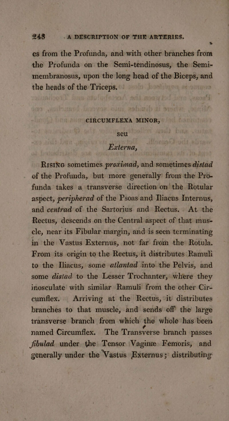 es from the Profunda, and with other branches from the Profunda on the Semi-tendinosus, the Semi- membranosus, upon the long head of the Biceps, and the heads of the Triceps. - ‘ CIRCUMFLEXA MINOR, seu Externa, Risine sometimes proximad, and sometimes distad of the Profunda, but more generally’ from the Pro- funda takes a transverse direction on the Rotular aspect, peripherad of the Psoas and Iliacus Internus, and centrad of the Sartorius and Rectus. At the Rectus, descends on the Central aspect of that mus- cle, near its Fibular margin, and is seen terminating in the Vastus Externus, not’ far from the Rotula. From its origin to the Rectus, it distributes Ramuli to the Iliacus, some atlantad into the Pelvis, and some distad to the Lesser Trochanter, where they inosculate with similar Ramuli from the other Cir- cumflex.. Arriving at the Rectus, it distributes branches to that muscle, and sends off the large transverse branch from which the whole has been named Circumflex. The Transverse branch passes jibulad under the Tensor Vaginz. Femoris, and generally under the Vastus Externus ;’ distributing