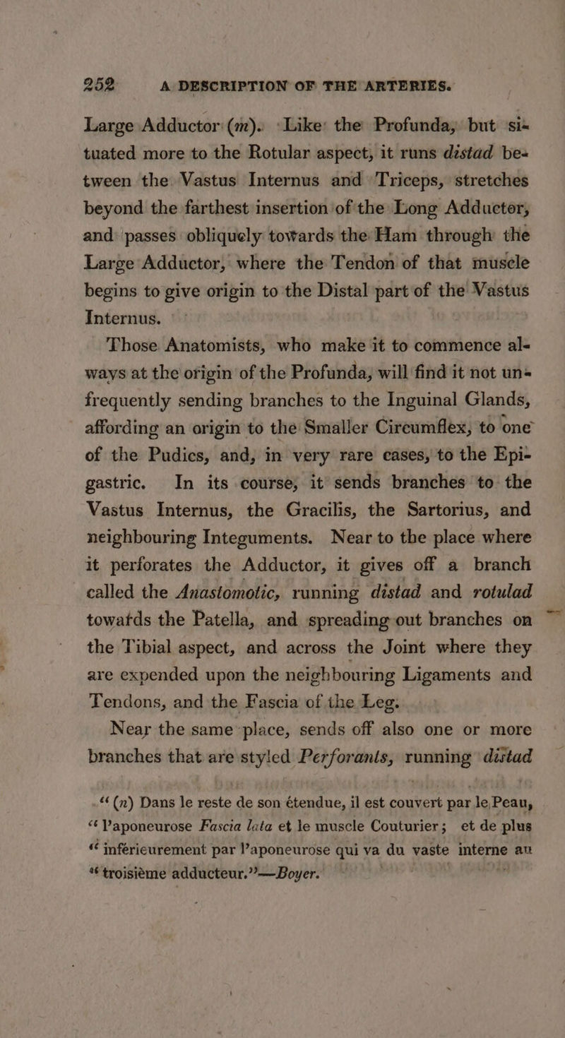 Large Adductor:(m). ‘Like: the Profunda, but ‘si« tuated more to the Rotular aspect, it runs dzstad be- tween the Vastus Internus and Triceps, stretches beyond the farthest insertion of the Long Adducter, and: passes obliquely towards the Ham through the Large Adductor, where the Tendon of that muscle begins to give origin to the Distal part of the Vastus Internus. Those Anatomists, who make it to commence al- ways at the origin of the Profunda, will find it not un frequently sending branches to the Inguinal Glands, affording an origin to the Smaller Cireumflex, to one of the Pudics, and, in very rare cases, to the Epi- gastric. In its course, it sends branches to the Vastus Internus, the Gracilis, the Sartorius, and neighbouring Integuments. Near to the place where it perforates the Adductor, it gives off a branch called the Anastomotic, running distad and rotulad towafds the Patella, and spreading out branches on the Tibial aspect, and across the Joint where they are expended upon the neighbouring Ligaments and Tendons, and the Fascia of the Leg. Near the same place, sends off also one or more branches that are styled Perforanis, running distad “«(n) Dans le reste de son étendue, il est couvert par le Peau, “‘Paponeurose Fascia lata et le muscle Couturier; et de plus “ infericurement par l’aponeurose qui va os vaste interne an *€ troisiéme adducteur.”—Boyer.