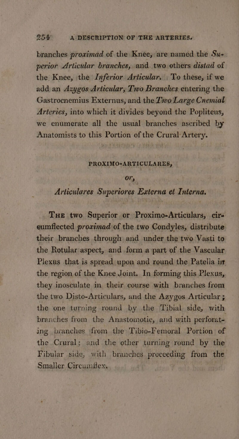 branches proximad of the Knee, are named the Su- perior Articular branches, and. two others distad of the Knee, the Inferior Articular. .'To these, if we add an Azygos Articular, Two Branches entering the Gastrocnemius Externus, and the Two Large Cnemial Arteries, into which it divides beyond the Popliteus, we enumerate all the usual branches ascribed by Anatomists to this Portion of the Crural Artery. PROXIMO-ARTICULARES, Or; Articulares Superiores Externa et Interna. THE two Superior or Proximo-Articulars, cir« eumflected proximad of the two Condyles, distribute their branches through and under the two Vasti to the Rotular aspect, and form apart of the Vascular Plexus that is spread upon and round the Patella ur the region of the Knee Joint. In forming this Plexus, they inosculate in their course with branches from the two Disto-Articulars, and the Azygos Articular ; the one turning round by the Tibial. side, with branches from the Anastomotic, and with perforat- ing branches frem the Tibio-Femoral Portion of the Crural; and the other turning round by the Fibular side, with branches proceeding from the Smaller Circumilex.