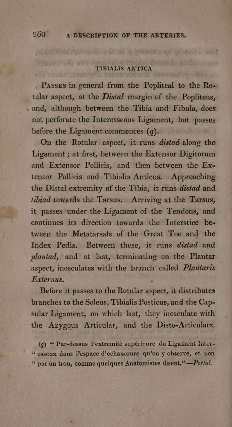 TIBIALIS ANTICA Passes in general from the Popliteal to the Ro- and, although between the Tibia and Fibula, does not perforate the Interosseous Ligament, but passes before the Ligament commences (q). On the Rotular aspect, it runs distad along the Ligament ; at first, between the Extensor Digitorum and Extensor Pollicis, and then between the Ex- tensor Pollicis and Tibialis Anticus. Approaching the Distal extremity of the Tibia, it runs déstad and ttbiad towards the Tarsus. Arriving at the Tarsus, it passes under the Ligament of the Tendons, and continues its direction towards the Interstice be- tween the Metatarsals, of the Great Toe and the Index Pedis.. Between these, it runs distad and plantad, and at last, terminating on the Plantar aspect, inosculates with the branch called Plantaris Externus. ag Before it passes to the Rotular aspect, it distributes branches to the Soleus, Tibialis Posticus, and the Cap- sular Ligament, on which last, they inosculate with the Azygous Articular, and the Disto-Articulars. (q) * Par-dessus l’extremité supérieure du Ligament Inter- ‘¢ osseux dans l’espace d’echancrure qu’on y observe, et uon “‘ parun trou, comme quelques Anatomistes disent.””—Portal.