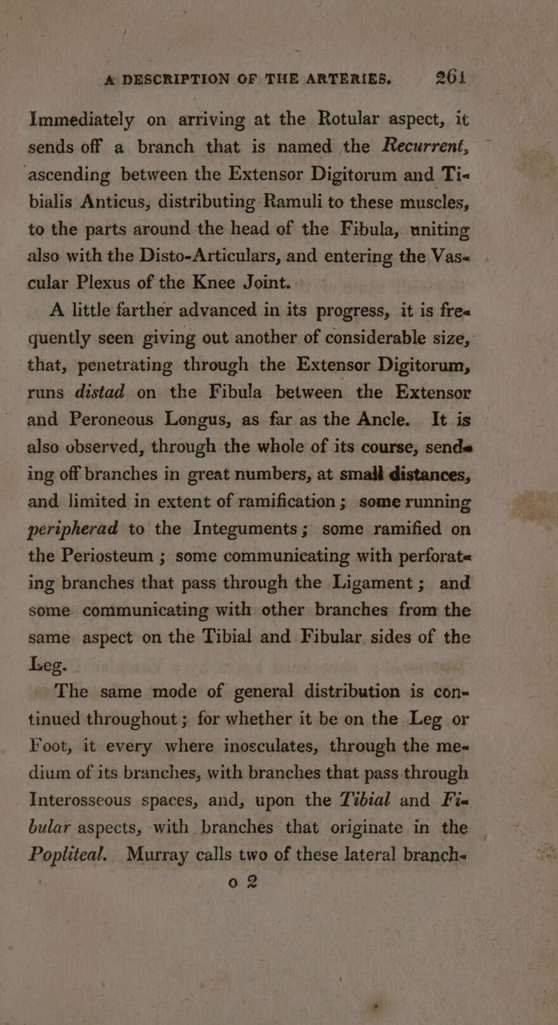 Immediately on arriving at the Rotular aspect, it sends off a branch that is named the Recurrent, ascending between the Extensor Digitorum and Ti« bialis Anticus, distributing Ramuli to these muscles, to the parts around the head of the Fibula, uniting also with the Disto-Articulars, and entering the Vas-« cular Plexus of the Knee Joint. : A little farther advanced in its progress, it is fre« quently seen giving out another of considerable size, that, penetrating through the Extensor Digitorum, runs distad on the Fibula between the Extensor and Peroneous Lengus, as far as the Ancle. It is also observed, through the whole of its course, sende ing off branches in great numbers, at small distances, and limited in extent of ramification ; some running peripherad to the Integuments; some ramified on the Periosteum ; some communicating with perforat« ing branches that pass through the Ligament; and some communicating with other branches from the same aspect on the Tibial and Fibular sides of the Leg. The same mode of general distribution is con- tinued throughout ; for whether it be on the Leg or Foot, it every where inosculates, through the me&lt; dium of its branches, with branches that pass through Interosseous spaces, and, upon the Zibial and Fia« bular aspects, with branches that originate in the Popliteal. Murray calls two of these lateral branch 02