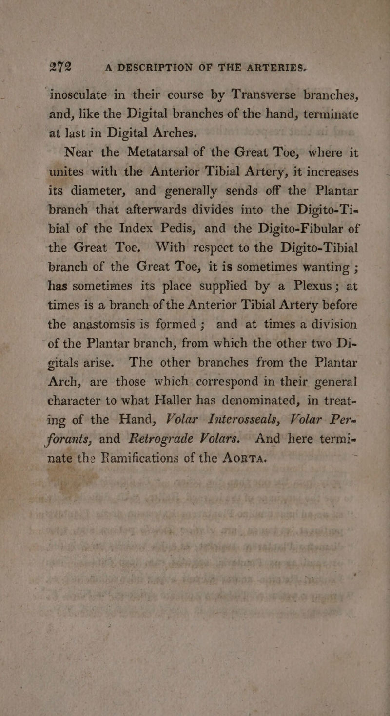 ‘inosculate in their course by Transverse branches, and, like the Digital branches of the hand, terminate at last in Digital Arches. Near the Metatarsal of the Great Toe, where it unites with the Anterior Tibial Artery, it increases its diameter, and generally sends off the Plantar branch that afterwards divides into the Digito-Ti- bial of the Index Pedis, and the Digito-Fibular of the Great Toe, With respect to the Digito-Tibial branch of the Great Toe, it is sometimes wanting ; has sometimes its place supplied by a Plexus; at times is a branch of the Anterior Tibial Artery before the anastomsis is formed; and at times a division ‘of the Plantar branch, from which the other two Di- gitals arise. The other branches from the Plantar Arch, are those which correspond in their general character to what Haller has denominated, in treat- ing of the Hand, Volar Interosseals, Volar Per forants, and Retrograde Volars. And here termi« nate the Ramifications of the Aorta. : i?
