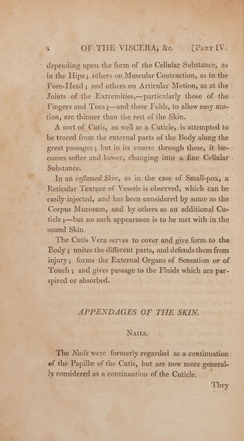 in the Hips; others on Muscular Contraction, as in the Fore-Head ; and others on Articular Motion, as at the Joints of the Extremities,—particularly those of the Fingers and Toes ;—and these Folds, to allow easy mo- tion, are thinner than the rest of the Skin. A sort of Cutis, as well as a Cuticle, is attempted to be traced from the external parts of the Body along the great passages ; but in its course through these, it be- comes softer and looser, changing into a fine Cellular Substance. In an inflamed Skin, as in the case of Small-pox, a Reticular Texture of Vessels is observed, which can be easily:injected, and has been considered by some as the Corpus Mucosum, and by others as an additional Cu- ticle ;—but no such appearance is to be met with in the sound Skin. The Cutis Vera serves to cover and give form to the Body ; unites the different parts, and defends them from injury; forms the External Organs of Sensation or of Touch ; and gives passage to the Fluids which are per- APPENDAGES OF THE SKIN. Natrts. The Nazis were formerly regarded as a continuation ef the Papille of the Cutis, but are now more general- aed considered as 2 continuation of the Cuticle. Th ey