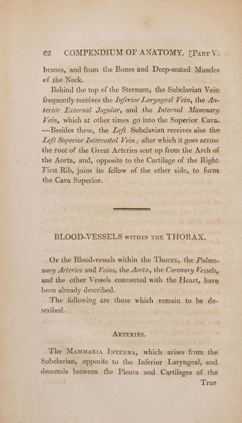 branes, and from the Bones and Deep-seated Muscles of the Neck. Behind the top of the Sternum, the Subclavian Vein frequently receives the Inferior Laryngeal Vein, the An- terior External Jugular, and the Internal Mammary Vein, which at other times go into the Superior Cava. -—Besides these, the Left Subclavian receives also the Left Superior Intercostal Vein ; after which it goes across the root of the Great Arteries sent up from the Arch of the Aorta, and, opposite to the Cartilage of the Right First Rib, joins its fellow of the other side, to form the Cava Superior. BLOOD-VESSELS wirnin tur THORAX. Or the Blood-vessels within the Thorax, the Pulmo- nary Arteries and Veins, the Aorta, the Coronary Vessels, and the other Vessels connected with the Heart, have been already described. . - The following are those which remain to be de- scribed. | ARTERIES. The Mammaria Interna, which arises from the’ Sabclavian, opposite to the Inferior Laryngeal, and. descends between the Pleura and Cartilages of the True